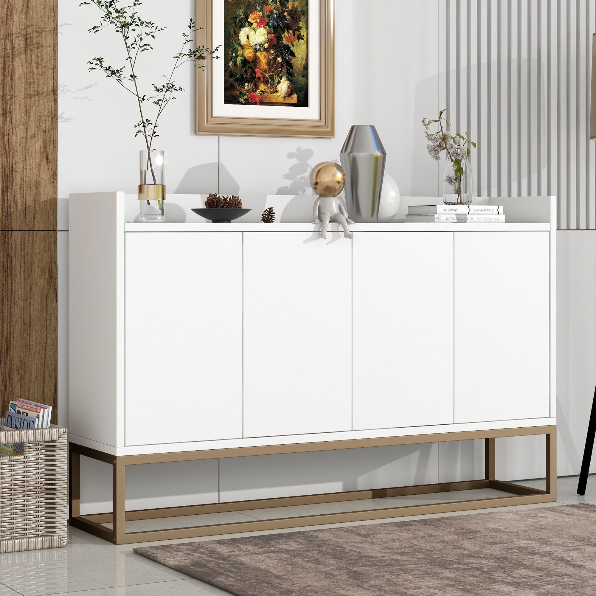 IDEASY Buffet Aufbewahrungsschrank, Sideboard mit 4 Türen, (verstellbaren Regalen mit Metallsockel für Eingangsbereich) Wohnzimmer, Büro, Schlafzimmer, Küche