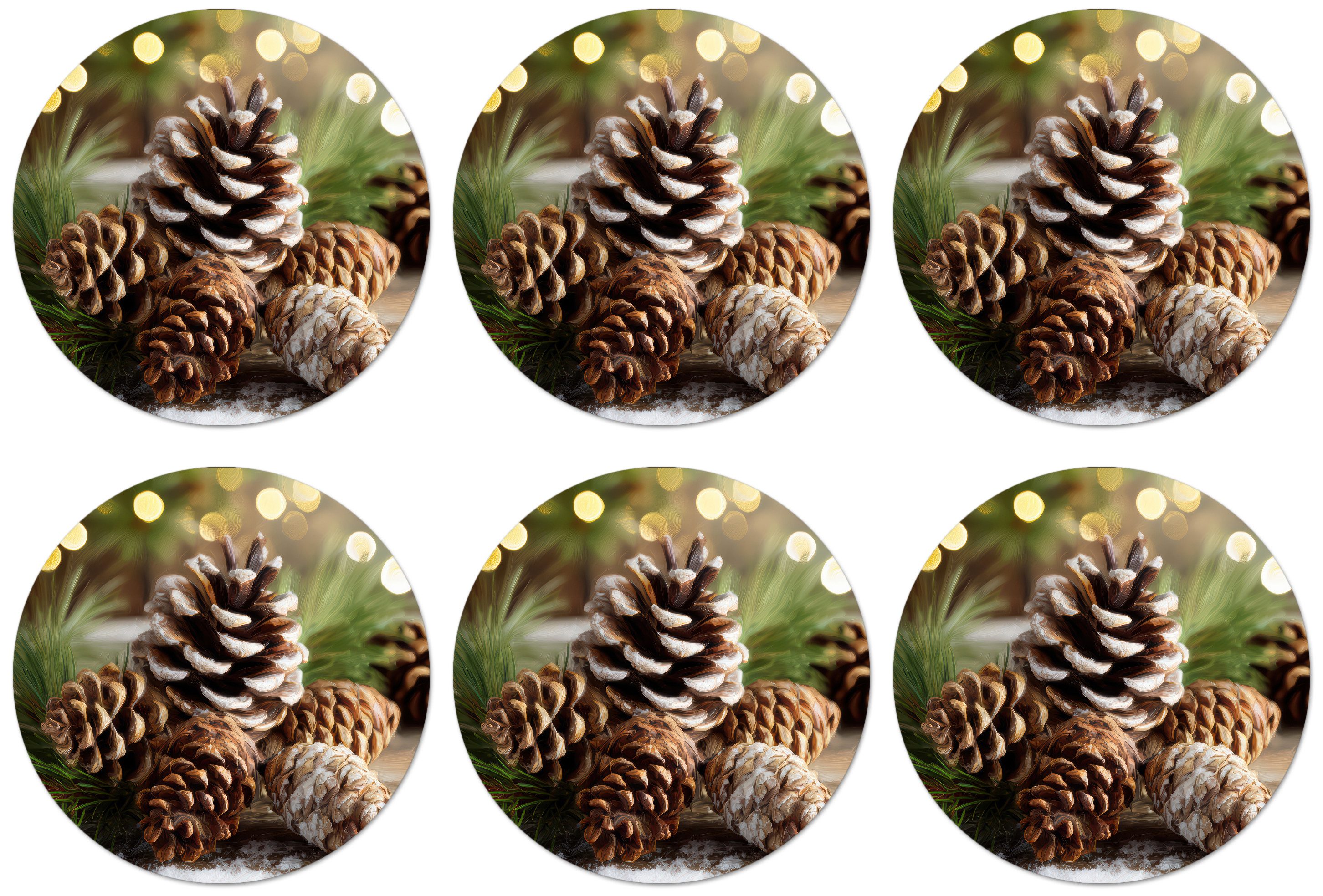 MuchoWow Glasuntersetzer Tannenzapfen - Weihnachtsstimmung - Braun - Grün, Zubehör für Gläser, 6-tlg., Getränkeuntersetzer, Rund, Tassenuntersetzer Kork, 10x10 cm