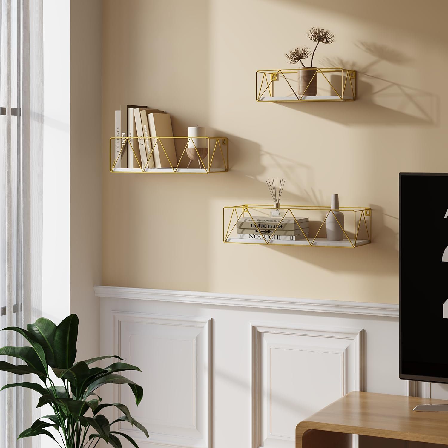 EUGAD Wandregal, 3-tlg., Hängeregal Weiß Golden, mit Metallrahmen günstig online kaufen