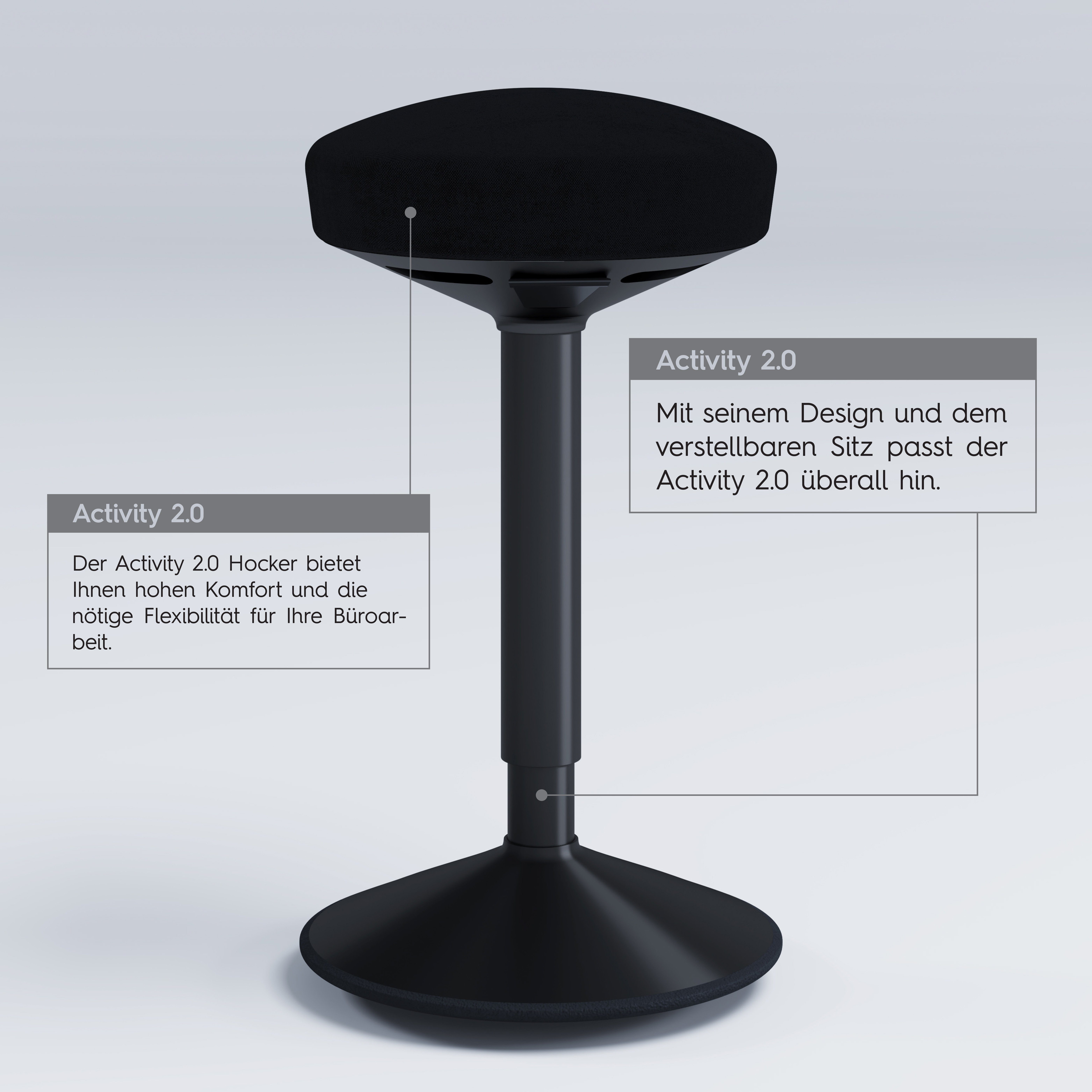 Actiforce Arbeitshocker Activity, Sitzhocker stufenlos höhenverstellbar (Höhenverstellbar durch Gasfeder, Ergonomischer Balance Hocker, Schwarz), höhenverstellbar & ergonomisch