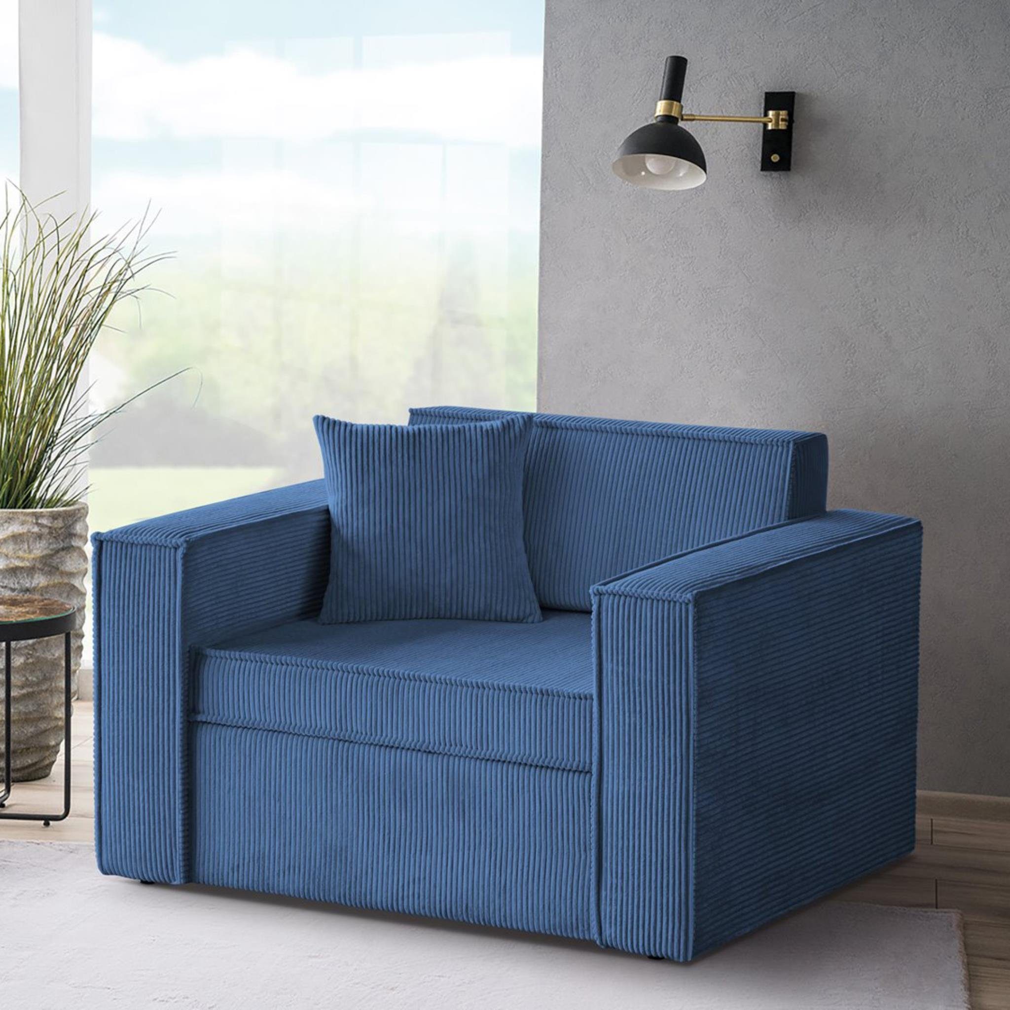 Cordstoff, Dave, Blau für Einzelsofa Schlafsofa 117 05) mit Wohnzimmer Relaxfunktion, modernes aus Beautysofa (poso Bettkasten, Relaxsofa cm