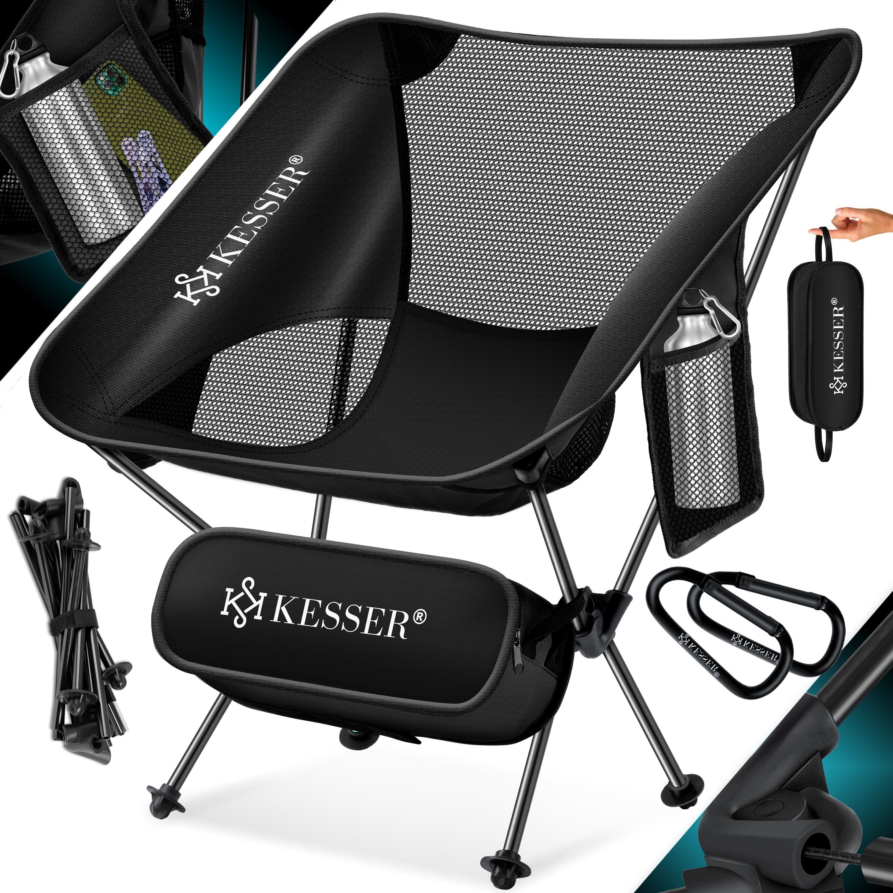 KESSER Campingstuhl, Campingstuhl faltbar klappbar tragbar Angel Camping Stuhl schwarz