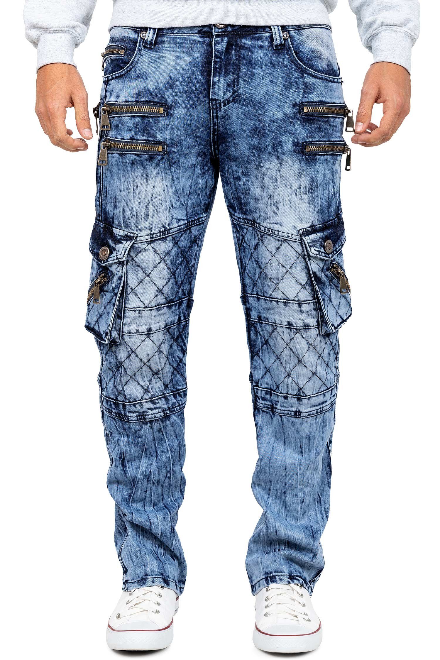 Kosmo Lupo 5-Pocket-Jeans Herren Regular Fit Hose Stonewashed KM060 (1-tlg) mit weißen und orangefarbenen Kontrastnähten