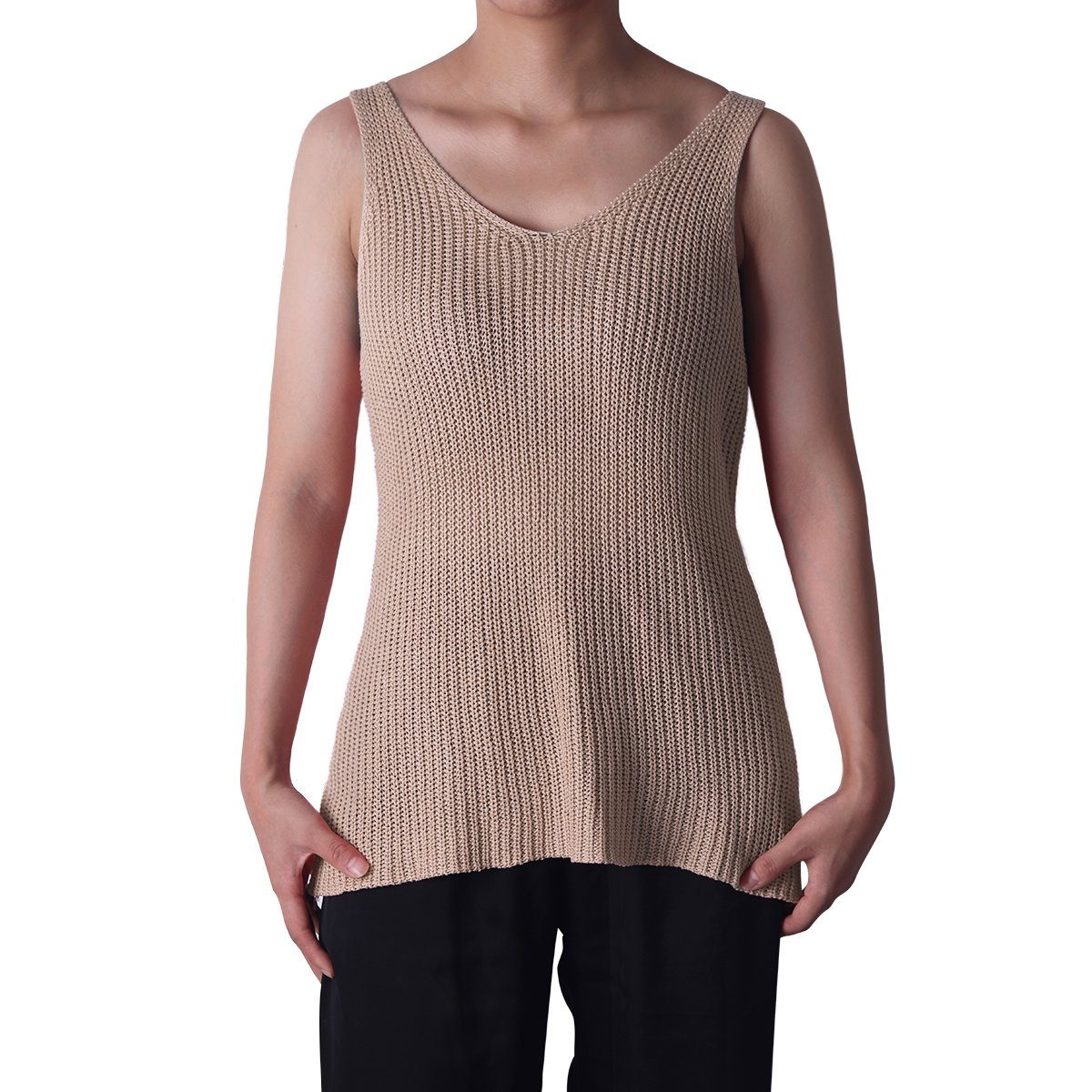 Leibchen DEBAIJIA Strickweste Ribbed Neck Ärmellose Damen Tank DEBAIJIA Khaki Top Round - Einfarbig Sommer