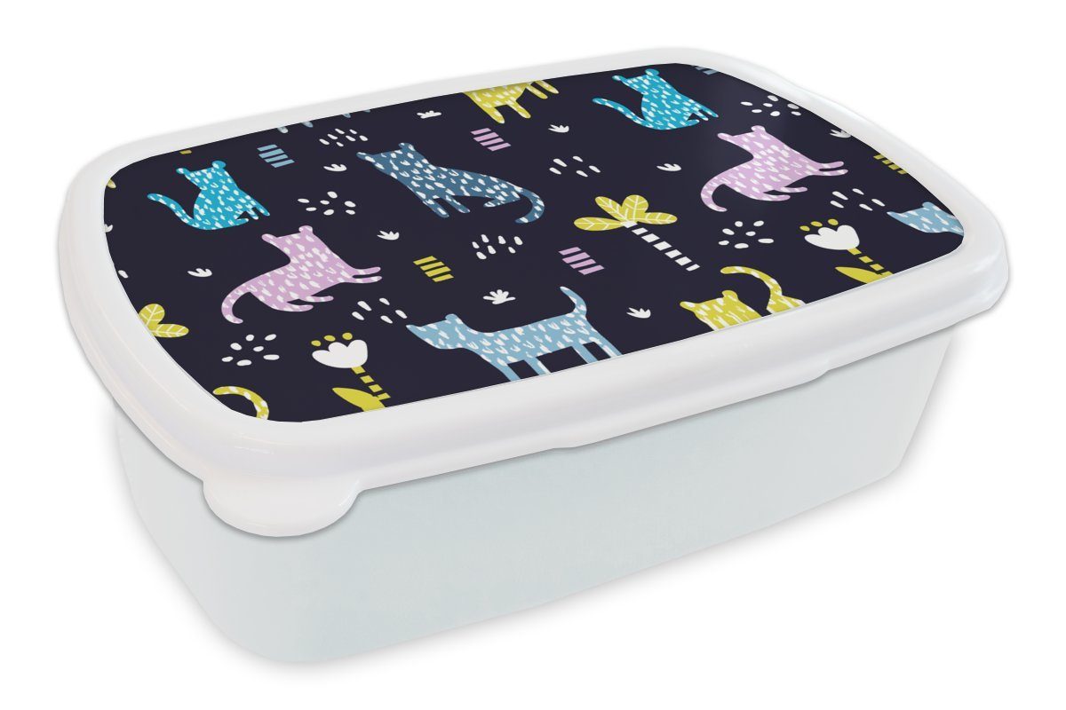 MuchoWow Lunchbox Design - Dschungel - Leopard - Tiere, Kunststoff, (2-tlg), Brotbox für Kinder und Erwachsene, Brotdose, für Jungs und Mädchen weiß