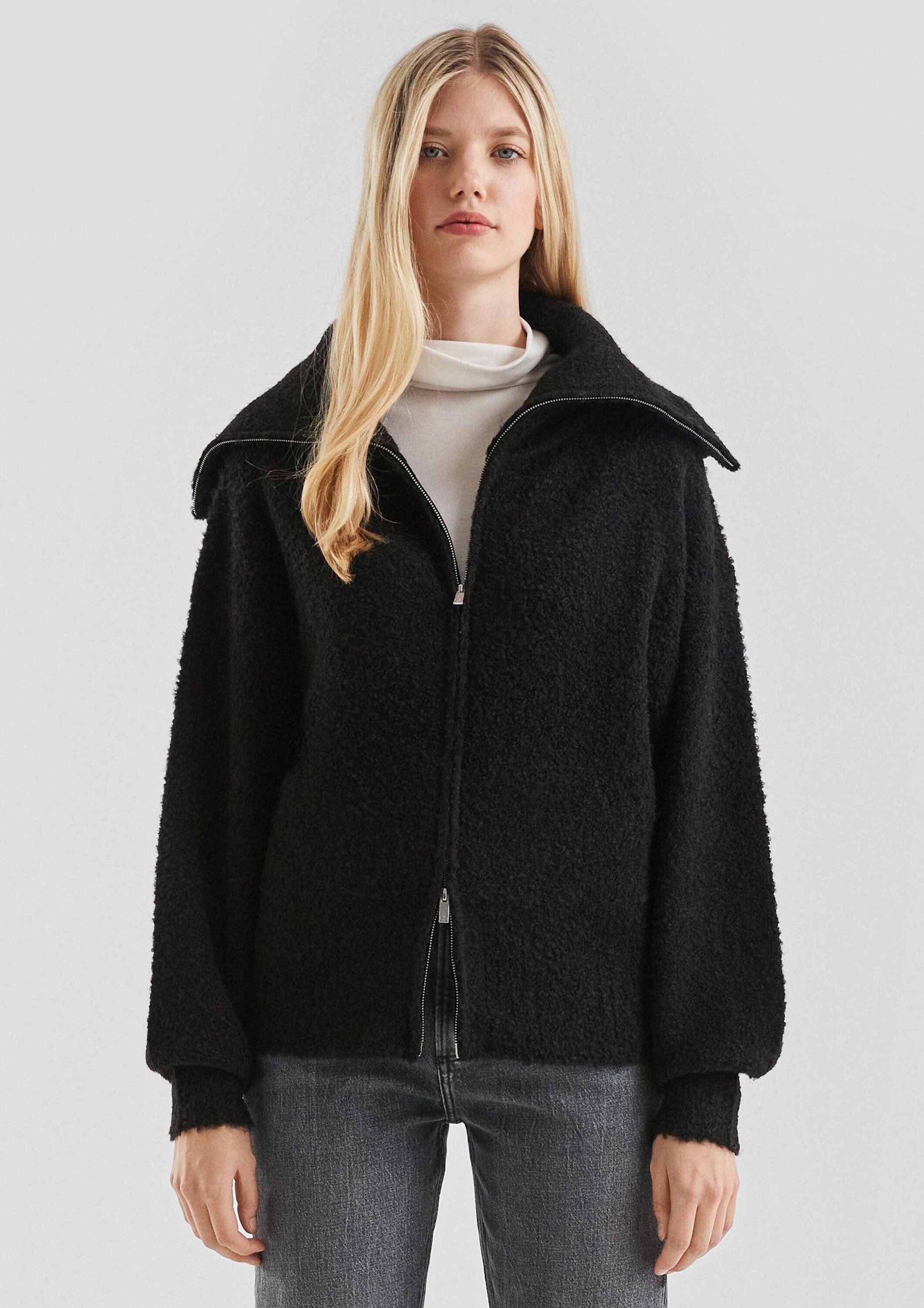 QS Cardigan Strickjacke Boucle-Strickjacke mit Reißverschluss und Umlegekra günstig online kaufen