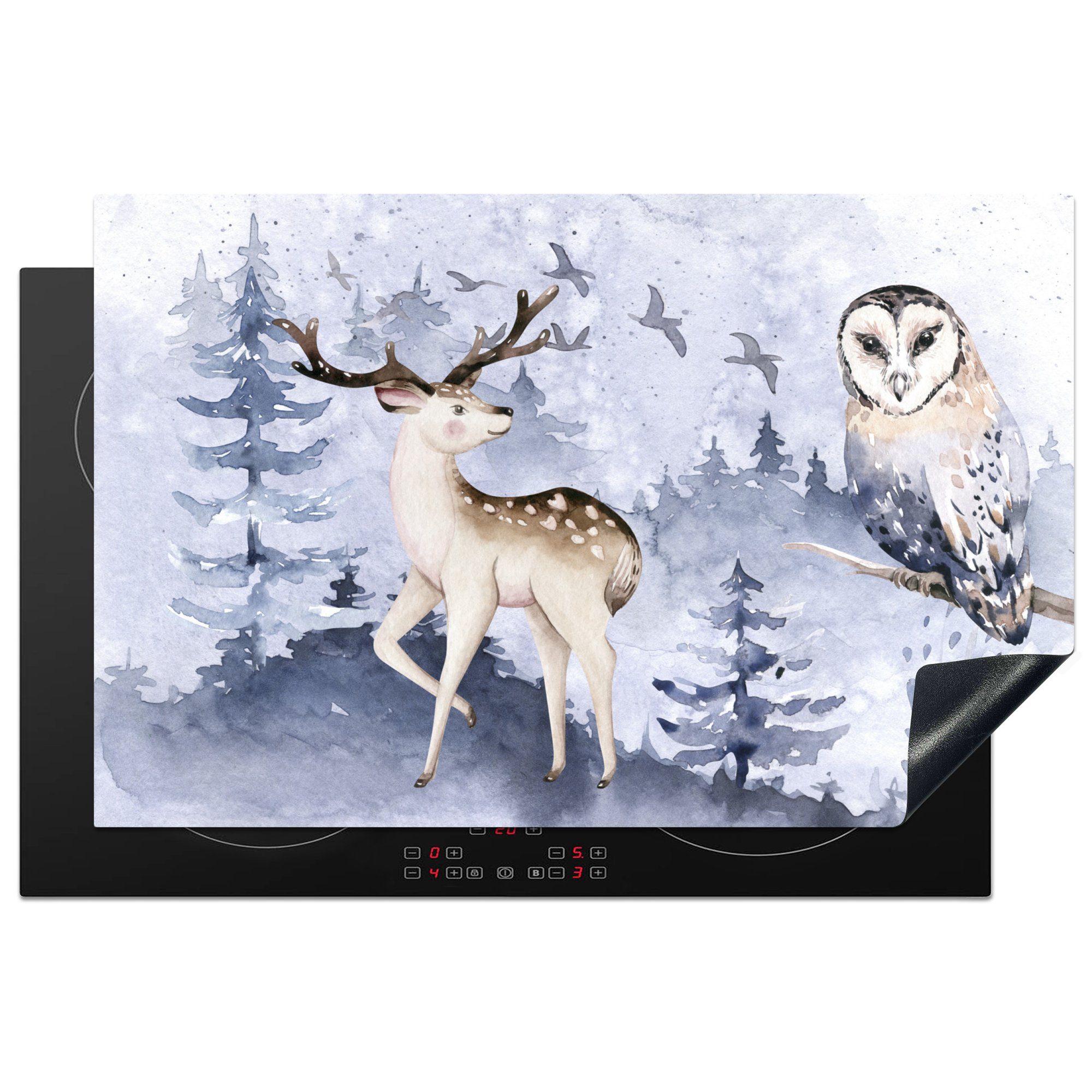 MuchoWow Herdblende-/Abdeckplatte Winter - Wald - Eule - Hirsch, Vinyl, (1 tlg), 81x52 cm, Induktionskochfeld Schutz für die küche, Ceranfeldabdeckung | Herdabdeckplatten