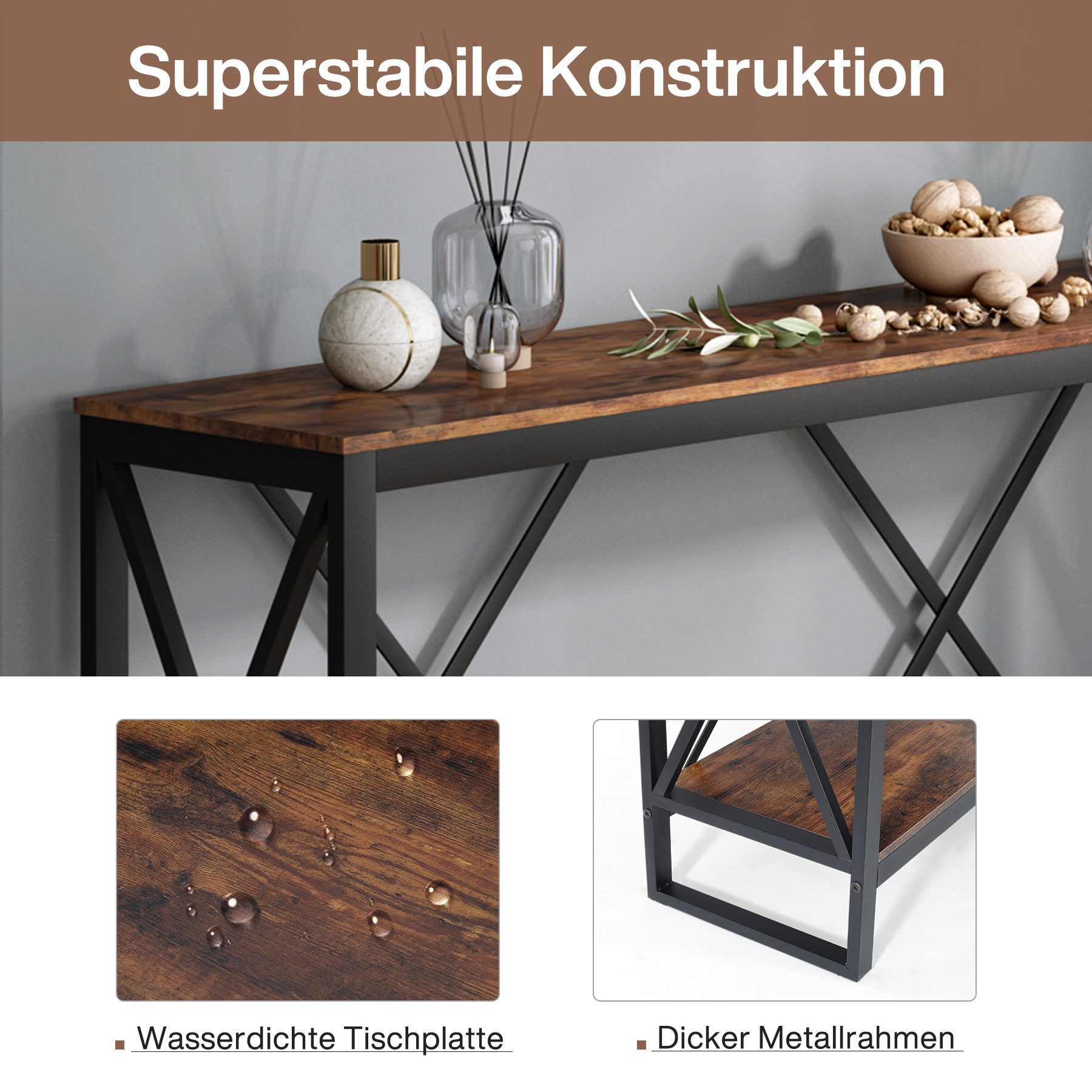 Coavain Konsolentisch 100x22,5x75 Cm – Schmaler Flurtisch Mit Metallrahmen & Verstellbaren Beinen, Schwarz