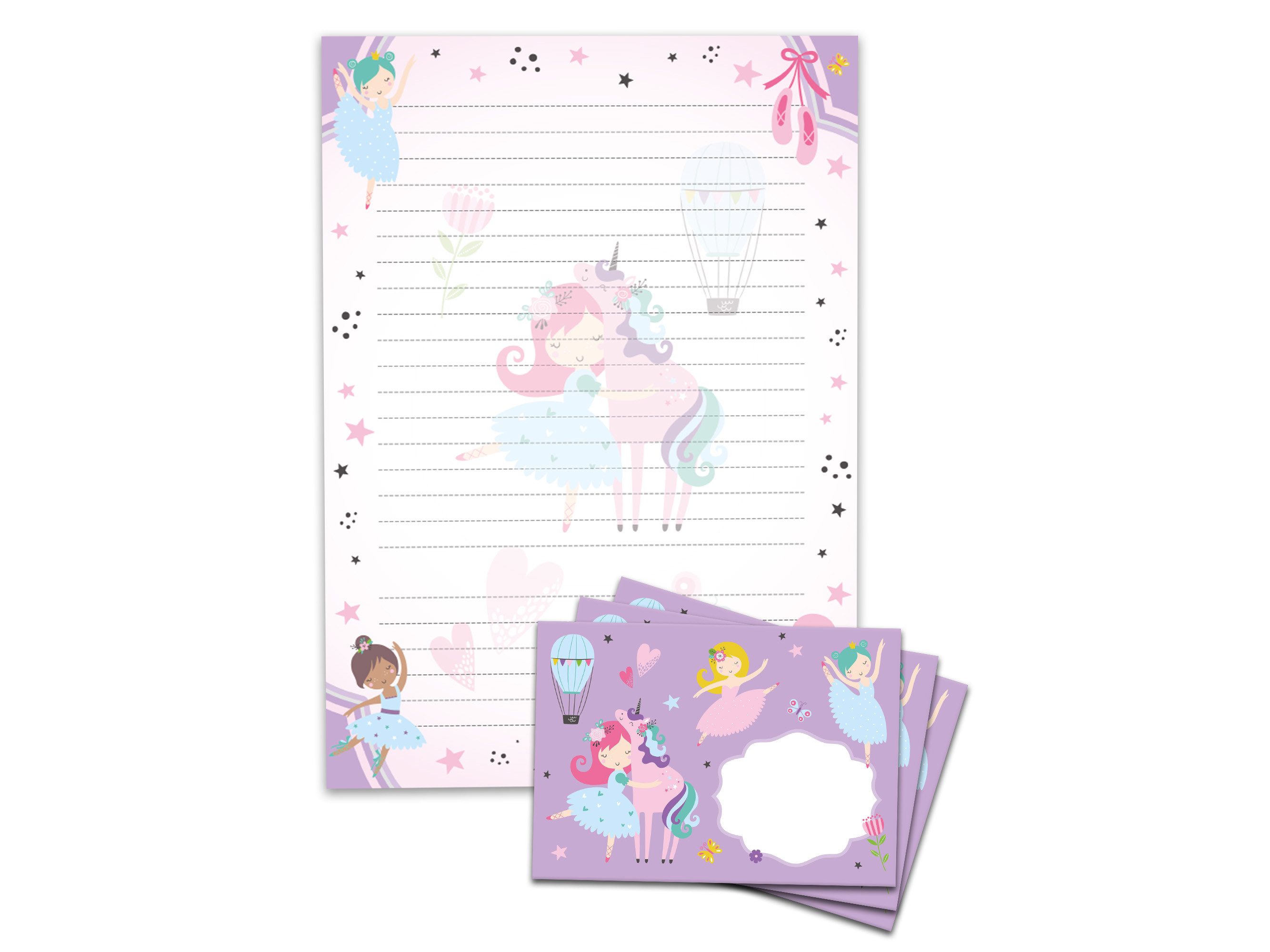 JUNAPACK Briefpapier Set Kinder Briefblock A4 mit Umschlägen Notizblock Ballerina Einhorn, Kinder-Briefpapier A4 mit 15 Umschlägen, liniert & leicht beschreibbar