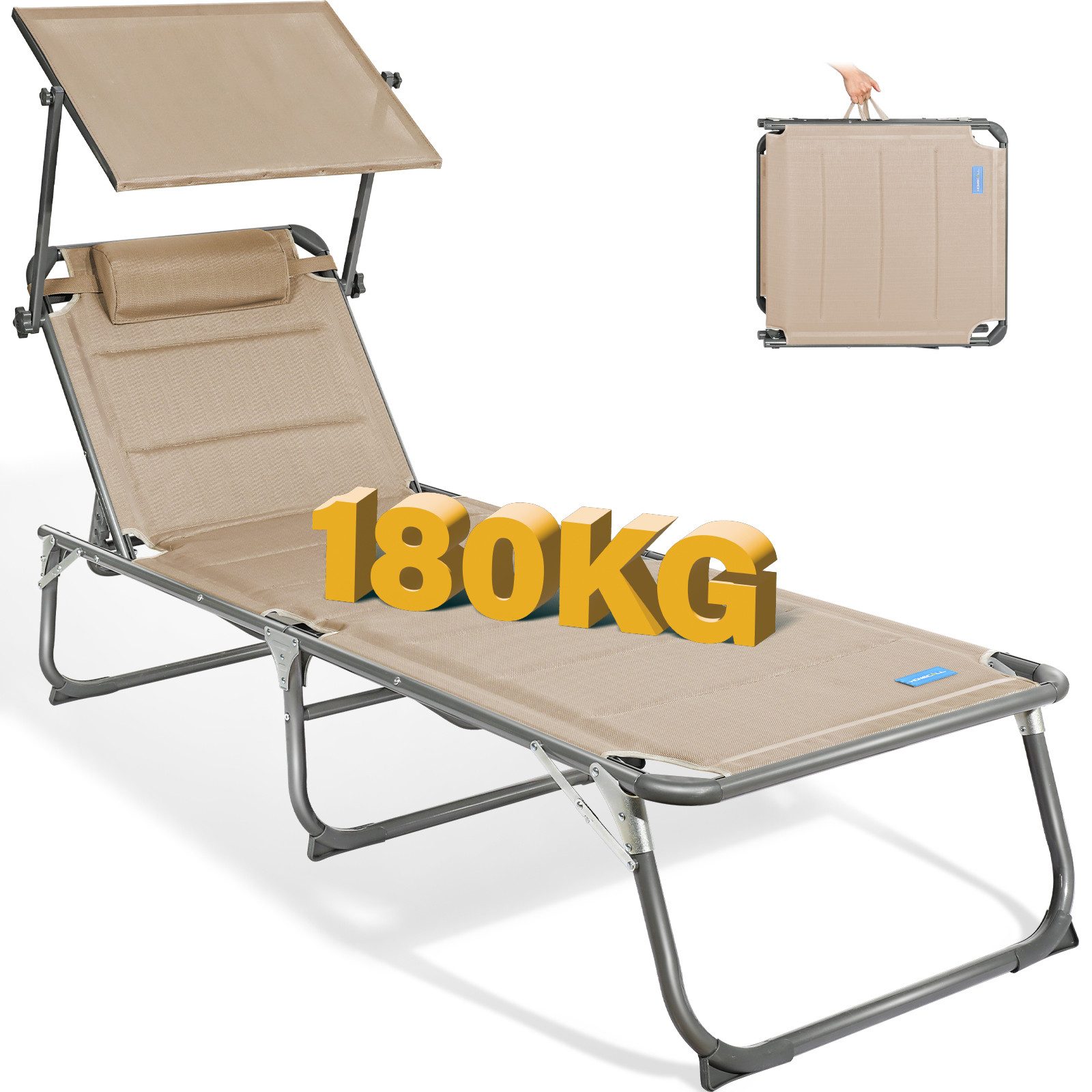 HOMECALL Gartenliege Sonnenliege AluLiege Liegestuhl Strandliege Liegen, klappbar, Textilene Mit Dickem Schwamm, Verstellbare Rückenlehne, Sonnenblende, Kopfpolster, bis 180KG
