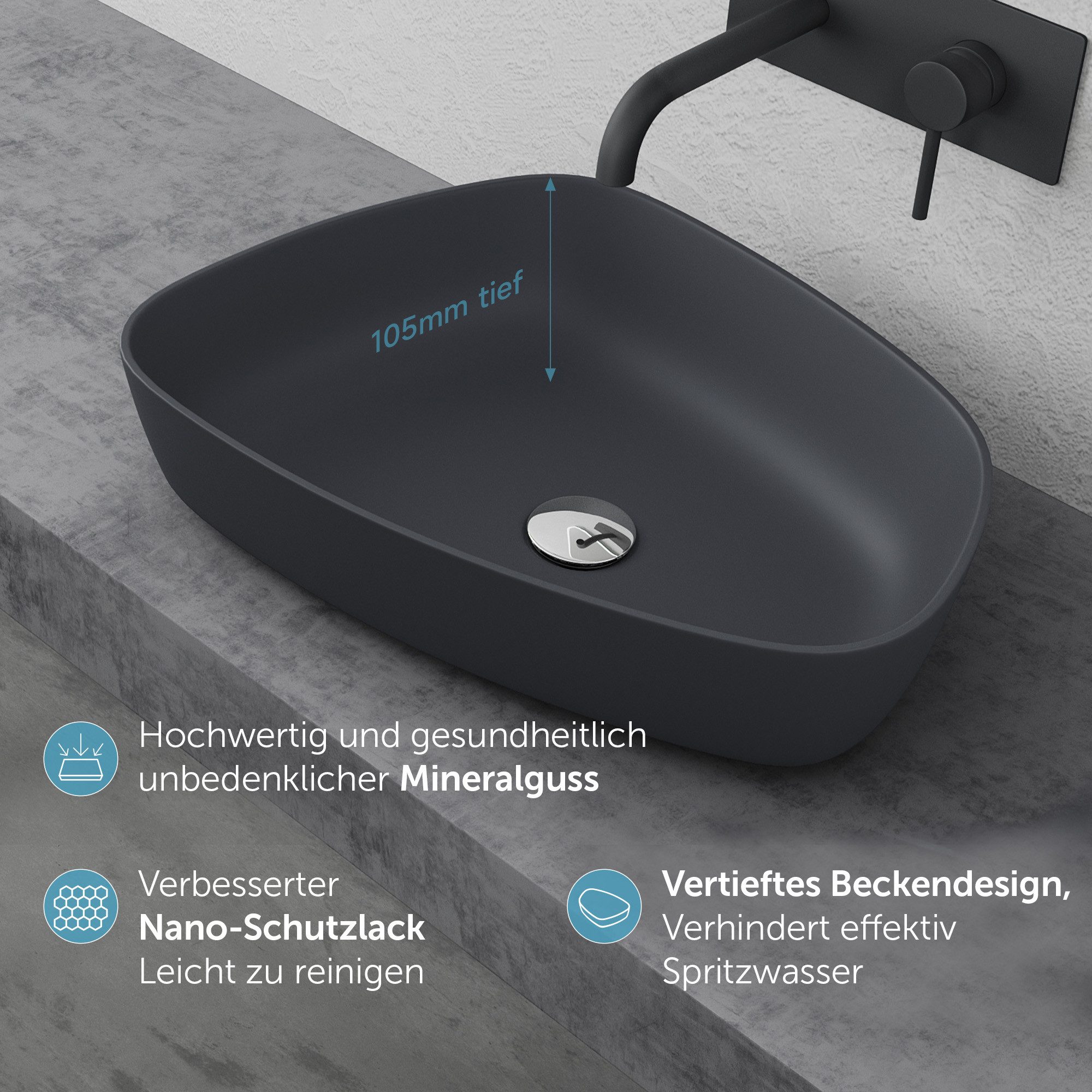 doporro Waschbecken Waschschale aus Gussmarmor Aufsatzwaschbecken Weiß/Anthrazit