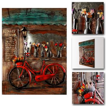 Home4Living Metallbild Wandbild Unikat Relief 3D 60x80cm handgefertigt, Flower Bike rot, 3D Effekt