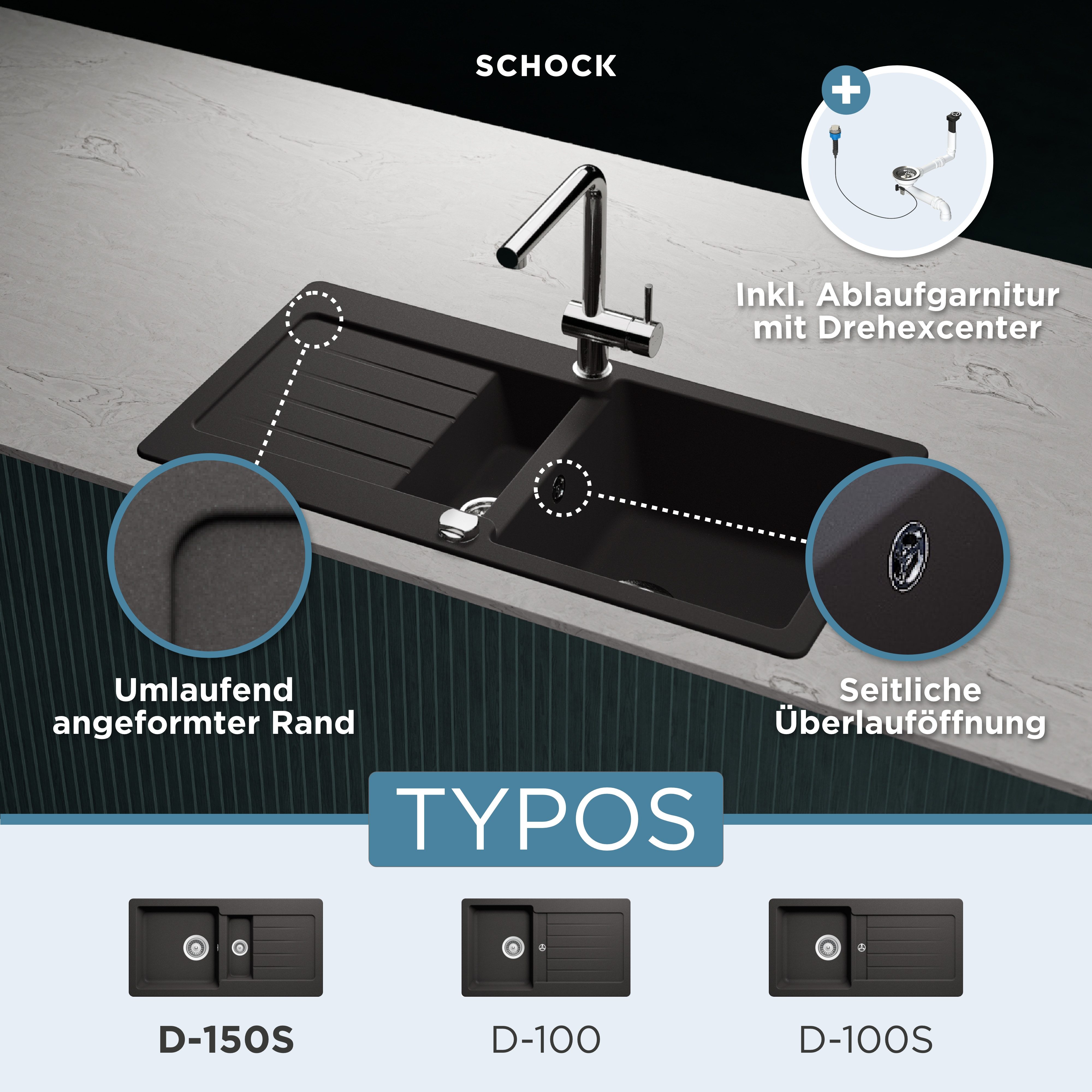 Schock Granitspüle Typos DS, rechteckig, 86/43,5 cm, mit Restebecken