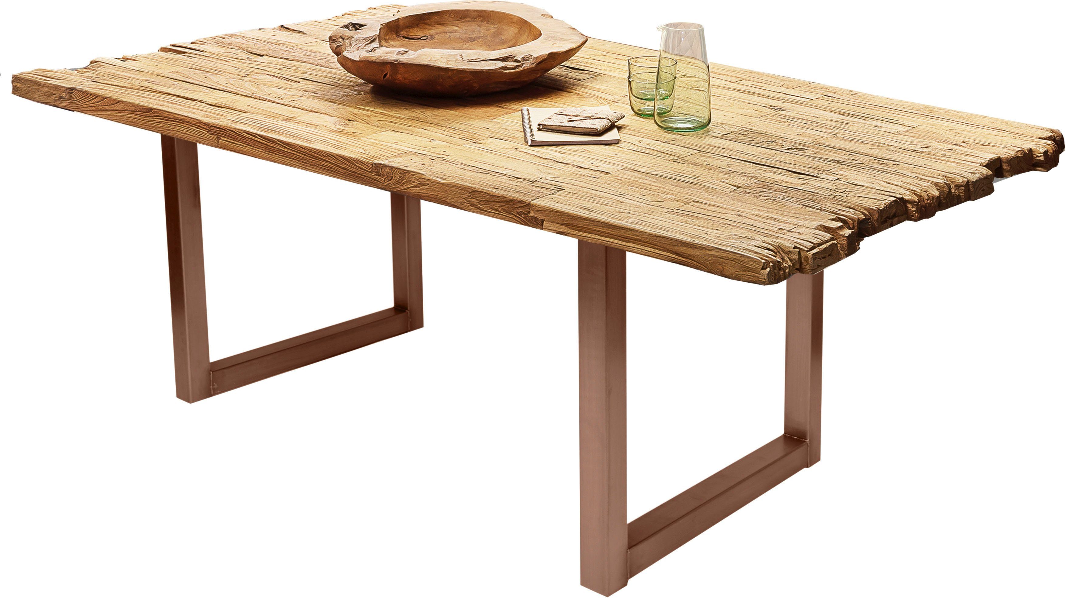 SIT Esstisch, Platte mit Bruchkante aus recyceltem Holz Natur, Antikbraun | Antikbraun