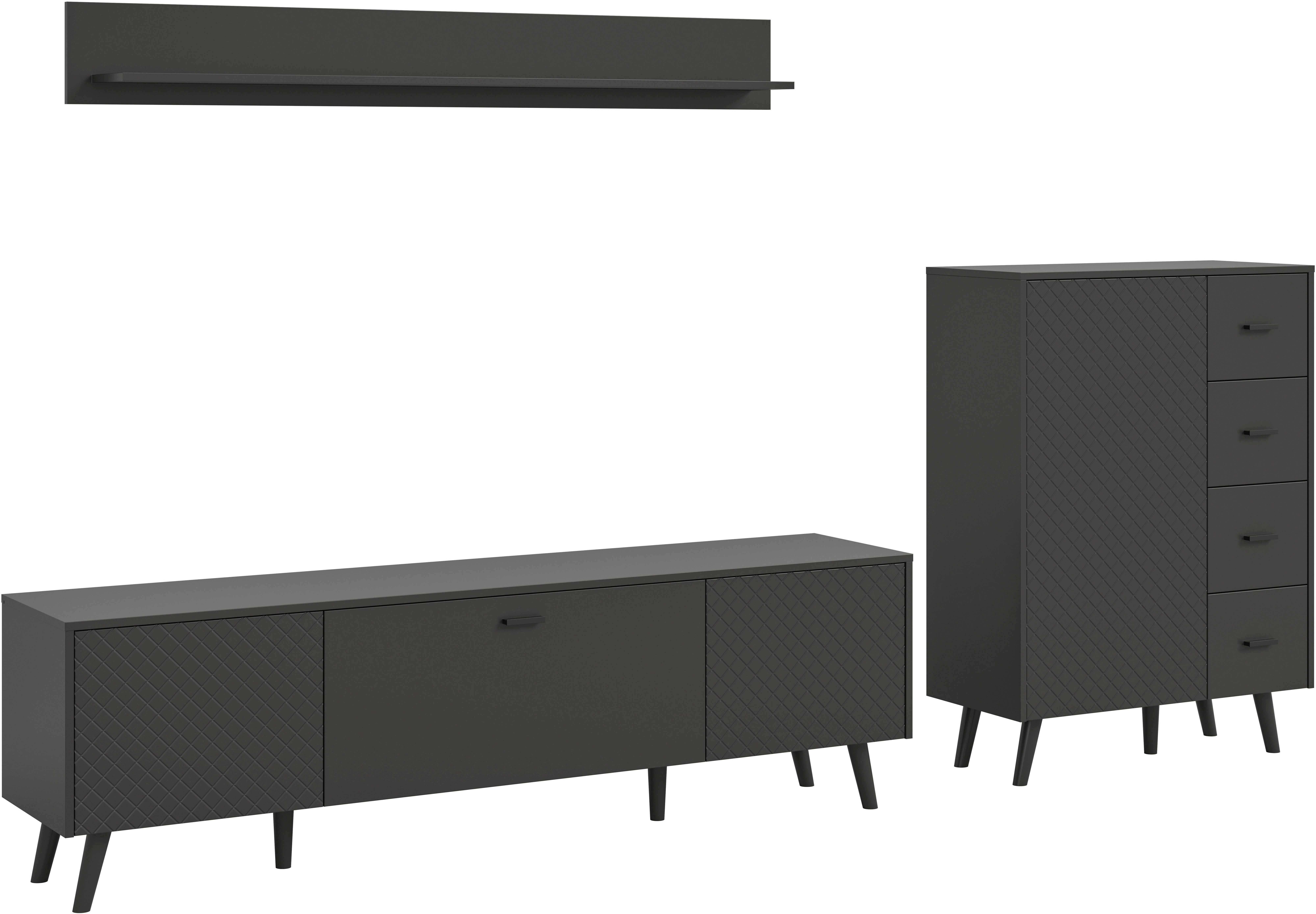 Home affaire Wohnwand RHOMBUS, hochwertige MDF-Front mit Karo-Optik, (Set, 3-St., Wohnkombination, Wohn-Kombi, Kombi, Wohnzimmer), 3-teilig, bestehend aus: TV-Lowboard, Kommode & Wandboard