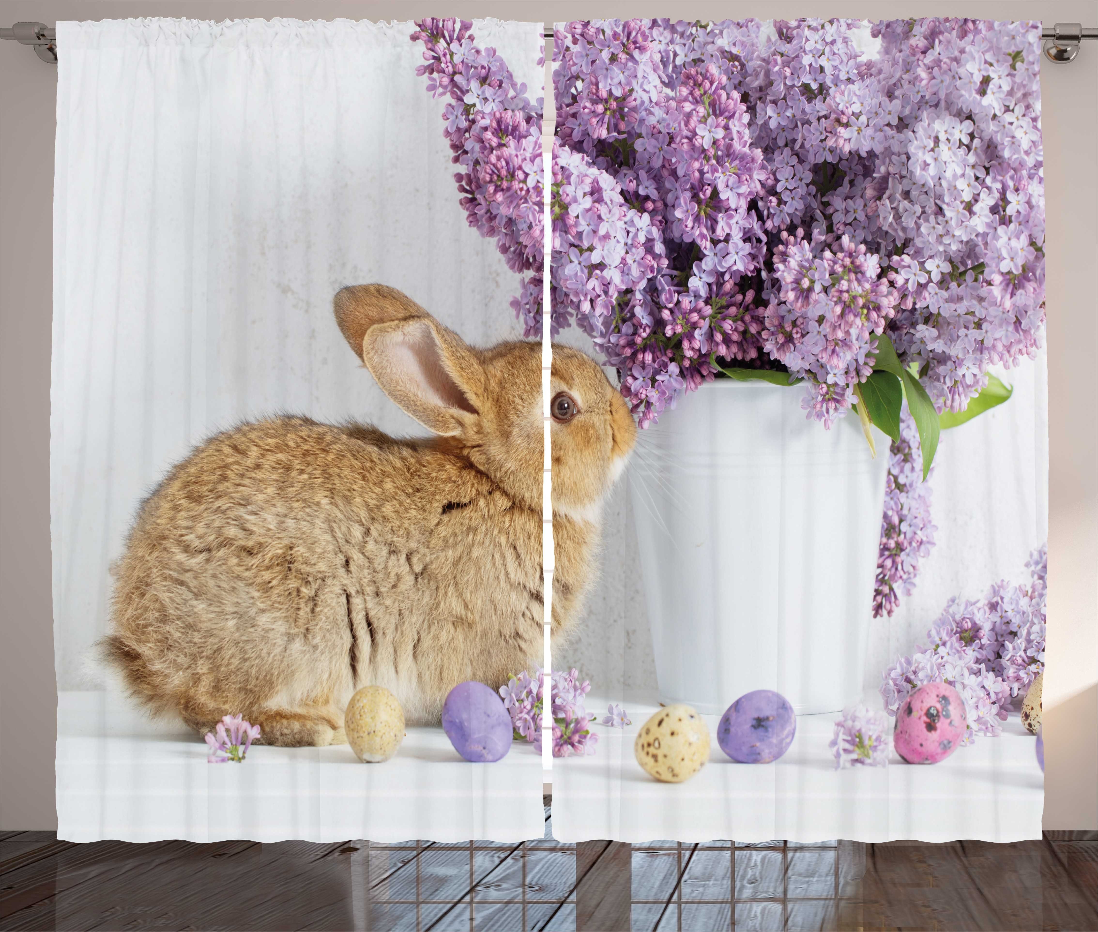 Gardine Schlafzimmer Kräuselband Vorhang mit Schlaufen und Haken, Abakuhaus, Osterhase Kaninchen mit Flieder