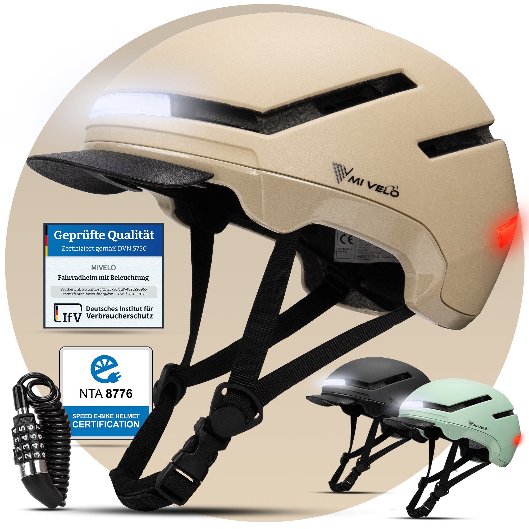 MIVELO Fahrradhelm NOVA - für Herren und Damen mit Licht vorne & hinten, NTA zertifiziert, 360° Beleuchtung, 24 Monate Crash-Ersatz-Garantie