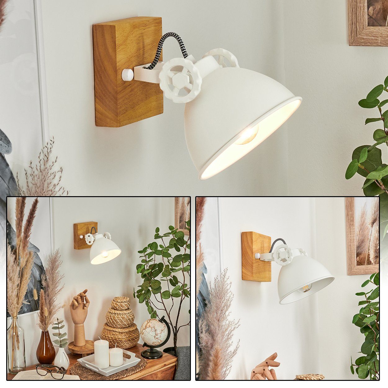 hofstein Wandleuchte »Mot« moderne Wandlampe aus Metall/Holz in Weiß/Natur, ohne  Leuchtmittel, Design mit Stellschrauben und verstellbarem Schirm (15, 5cm),  1xE14