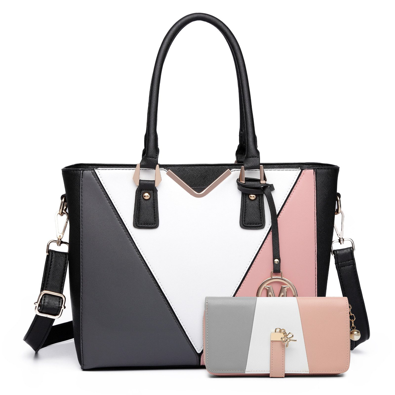 Miss Lulu Handtasche Handtasche Damen V-förmig – Große Schultertasche für Büro & Arbeit (2-tlg)