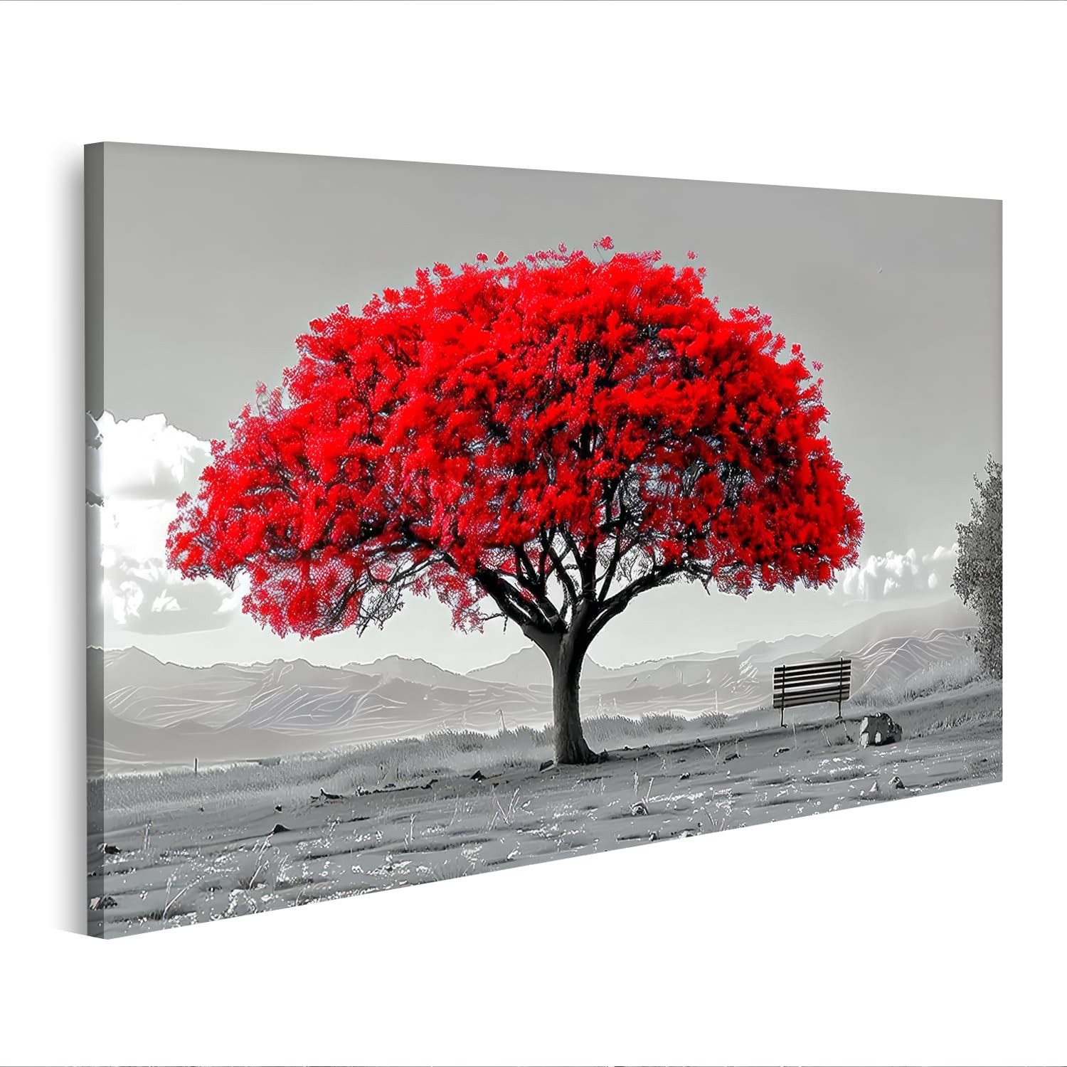 islandburner Leinwandbild Roter Baum in monochromer Landschaft mit Bank - - Leinwand