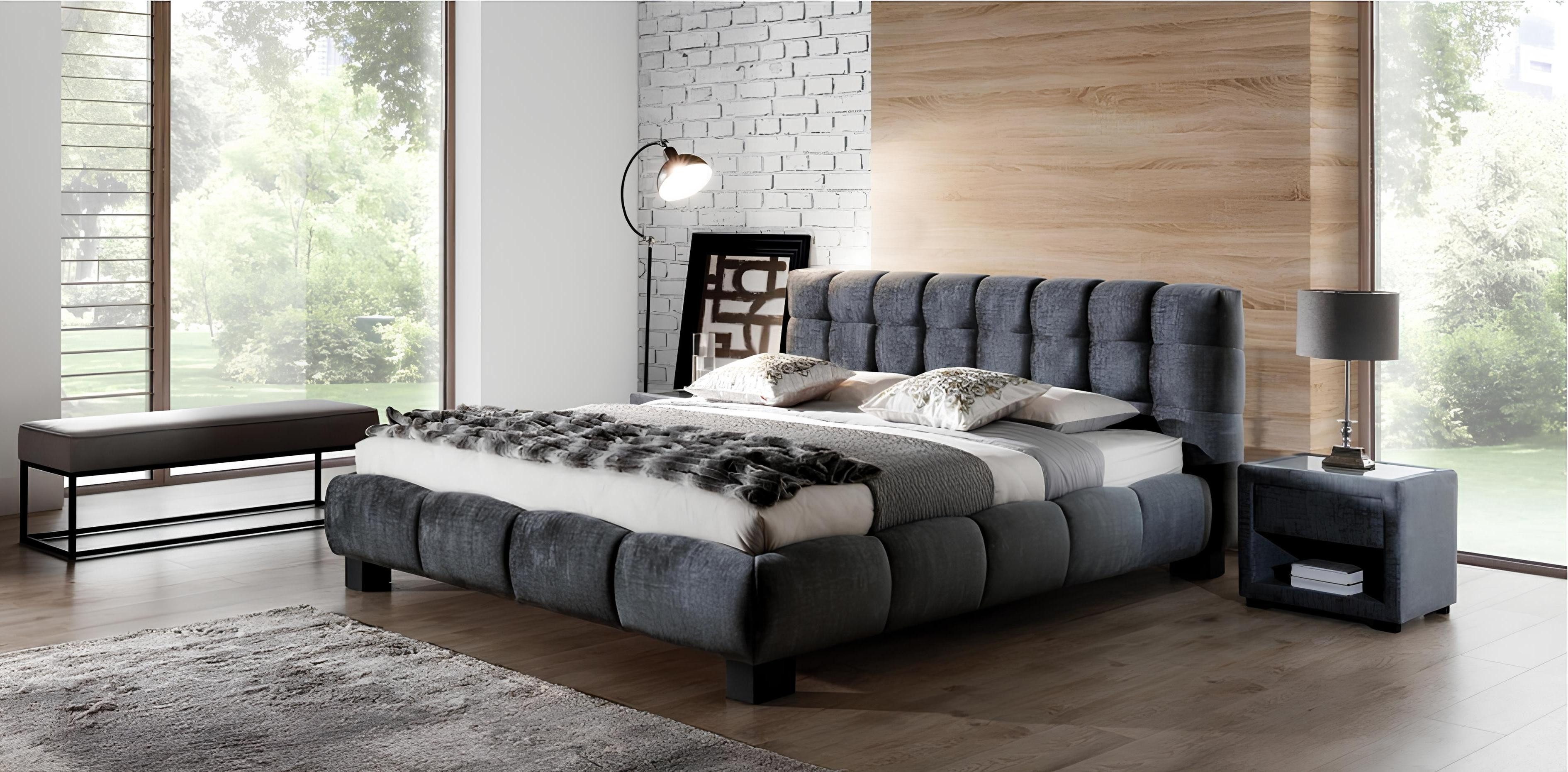 Bett Graues Bett aus Samt für Schlafzimmer in 160x200cm mit Polsterung und