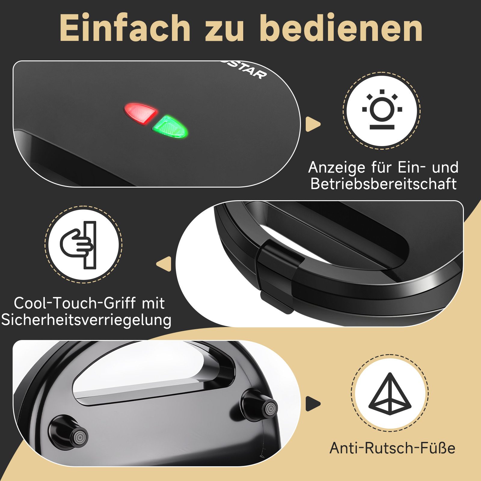 Aigostar 3-in-1-Kombi-Waffeleisen 750 W Sandwichmaker, 3 Austauschbare Platten, Beidseitiges Grillen, 750,00 W, Antihaftbeschichtet, Automatisches Thermostat, W – Bild 5 von 5