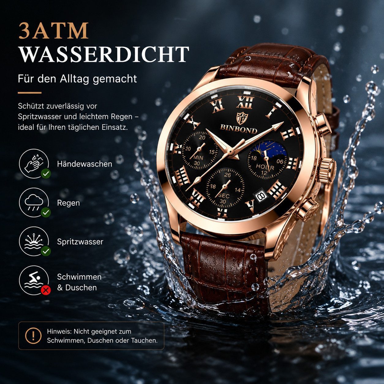 Fyrove Quarzuhr Herren Armbanduhr Quarz Chronograph mit Lederarmband Roségold 43mm, (Klassische Business Uhr, mit Mondphase, Datumsanzeige, Leuchtzeigern und 3ATM Wasserschutz), für Alltag und Freizeit