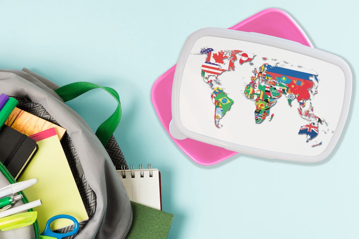 Flaggen Snackbox, für Brotbox Kunststoff, Trendy, Kinder, Erwachsene, Weltkarte rosa - - Mädchen, MuchoWow (2-tlg), Kunststoff Brotdose Lunchbox