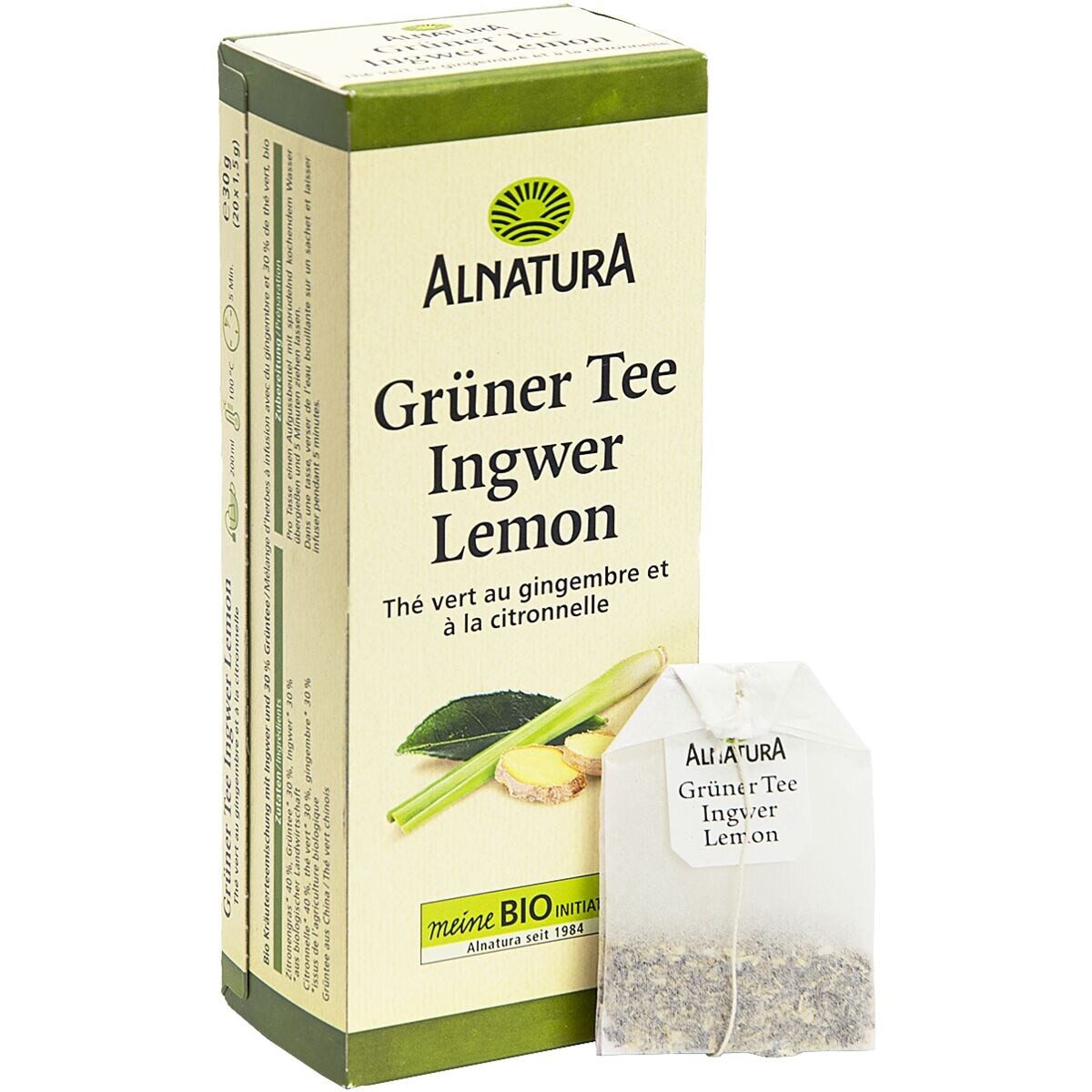 Alnatura Tee Ingwer-Lemon, aromatisierter Grüntee, 20 Aufgussbeutel
