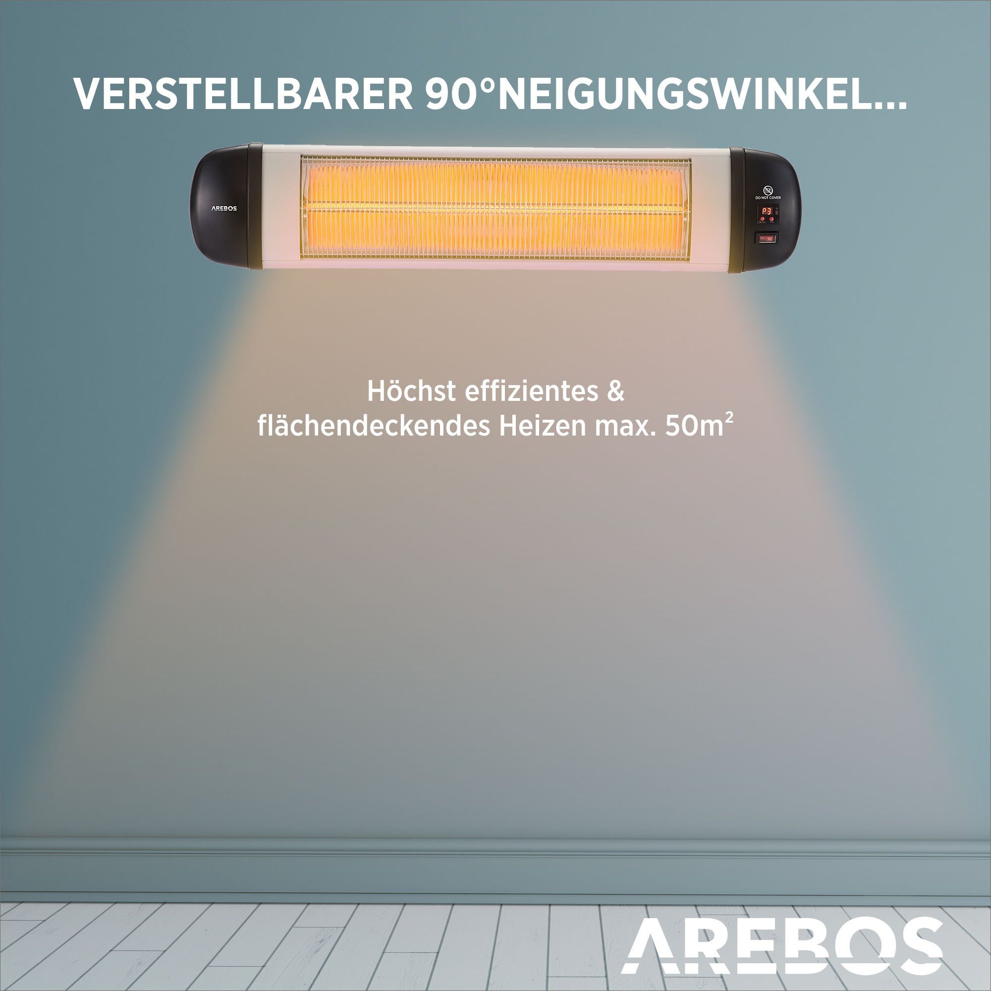 Arebos Heizstrahler Infrarot Heizstrahler 2500 Timer, mit LED-Anzeige Std. 3 Fernbedienung Heizstufen, 24 W