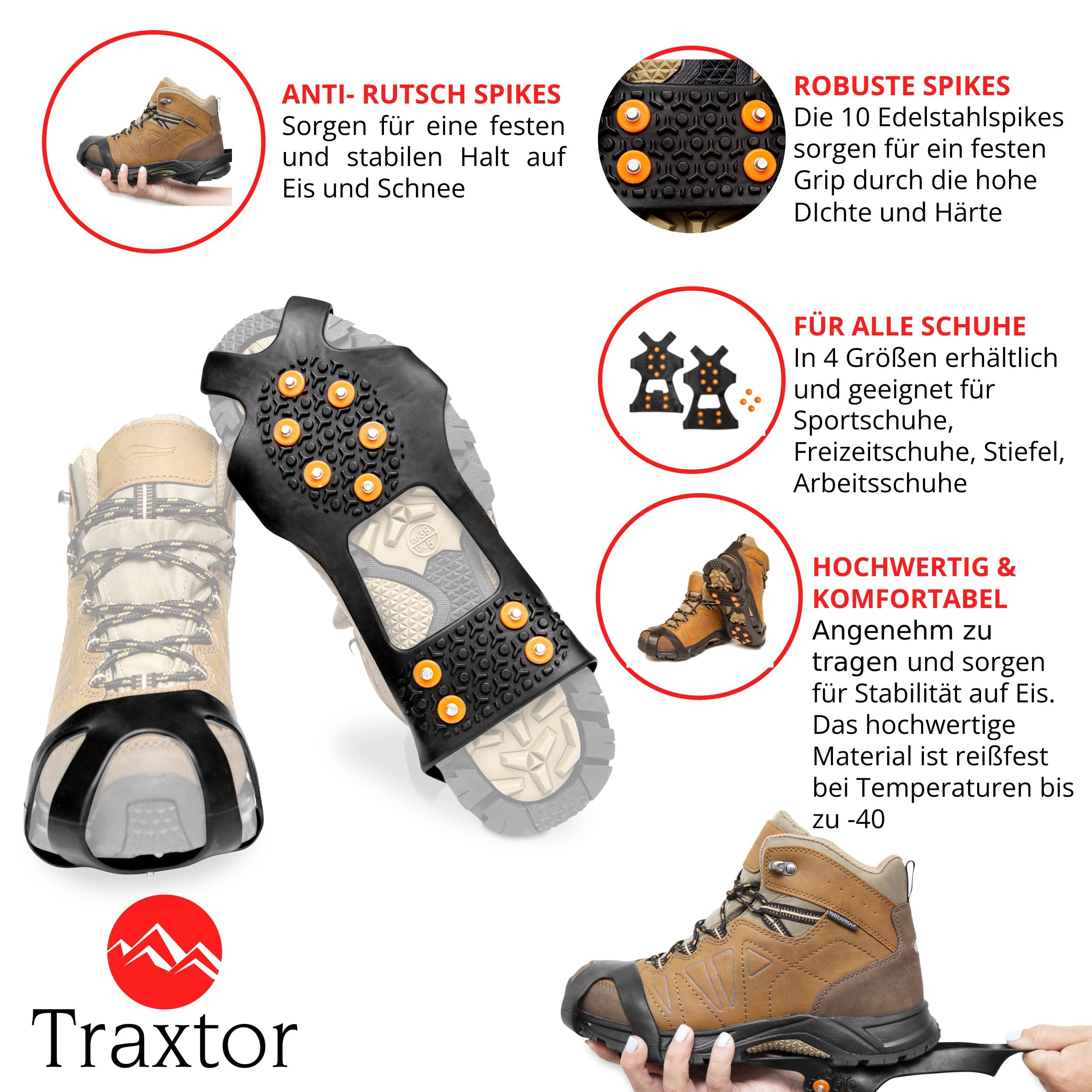 Traxtor Spikes Schuhspikes Anti-Rutsch - Schuhkrallen für Eis und Schnee (Schuhspikes), Steigeisen für Gleitschutz bei Glatteis inkl. 15 Spikes