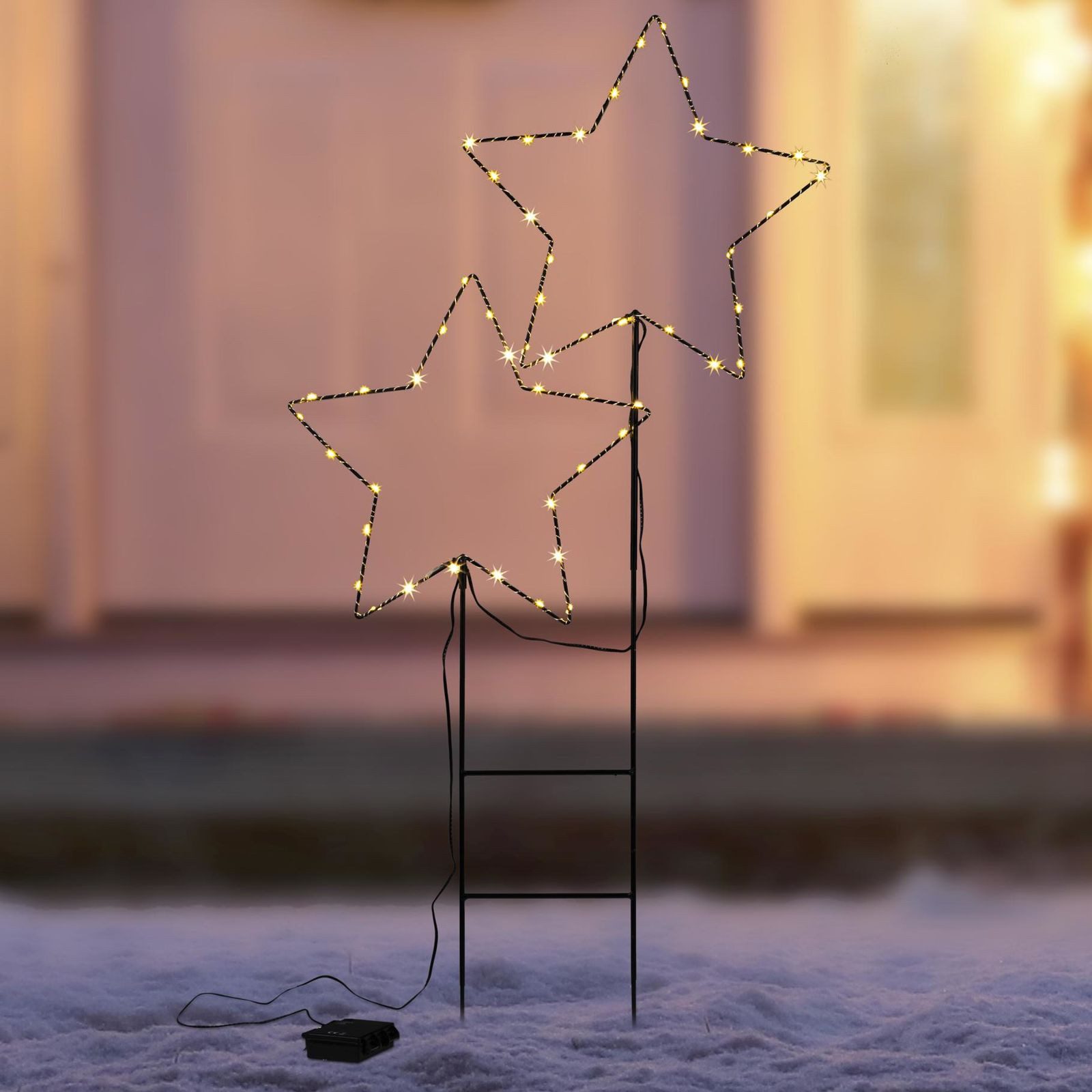 Gravidus LED-Stern für außen LED Metall Gartenstecker zwei Sterne mit 50 warmweißen LEDs, schwarz