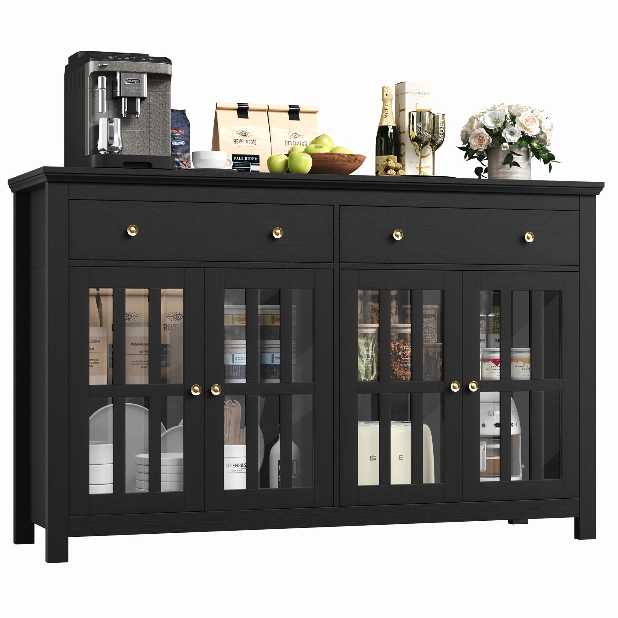 Homfa Sideboard Küchenschrank, Buffetschrank mit 2 Schubladen 4 Glastüren 1 günstig online kaufen