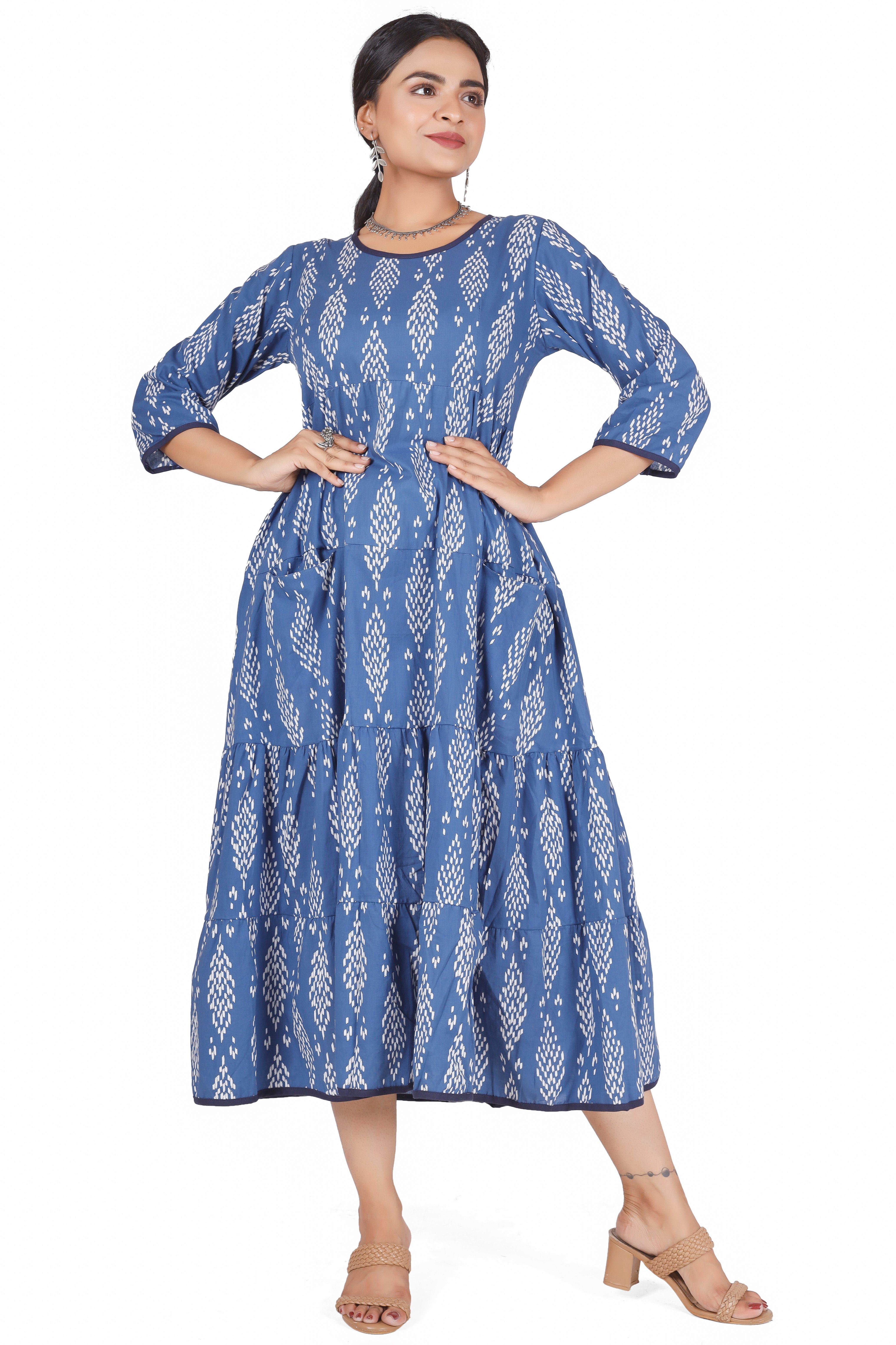 bedrucktes wadenlanges Kleid.. Bekleidung Guru-Shop alternative Boho Sommerkleid, Midikleid indigo