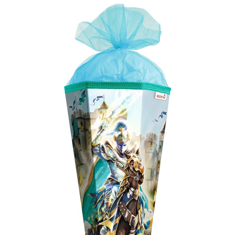 Roth Schultüte Ritter, 85 cm, eckig, mit blauem Tüllverschluss, Rot(h) Spitze