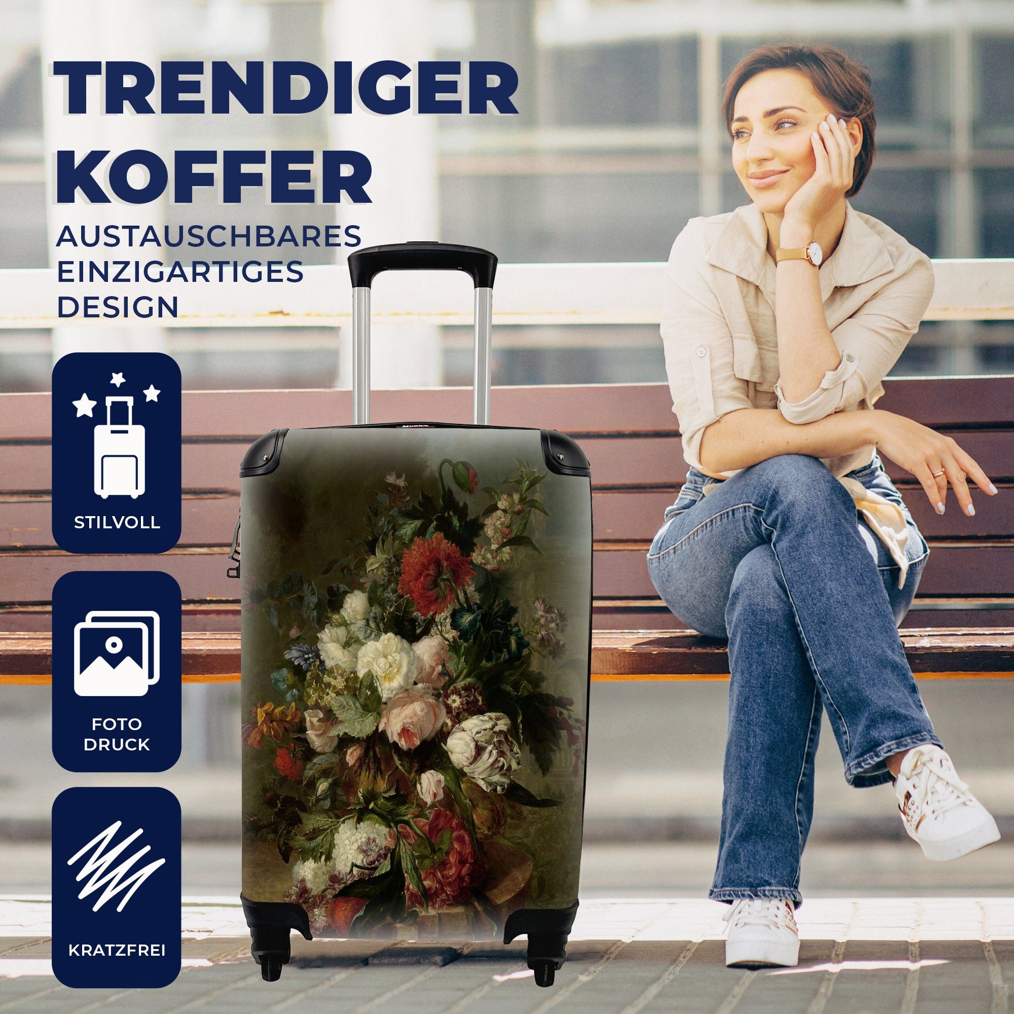 Gemälde 4 Handgepäck mit Uppink, Reisekoffer Reisetasche für Rollen, rollen, Trolley, MuchoWow Handgepäckkoffer Harmanus mit Blumen von Ferien, Stilleben -