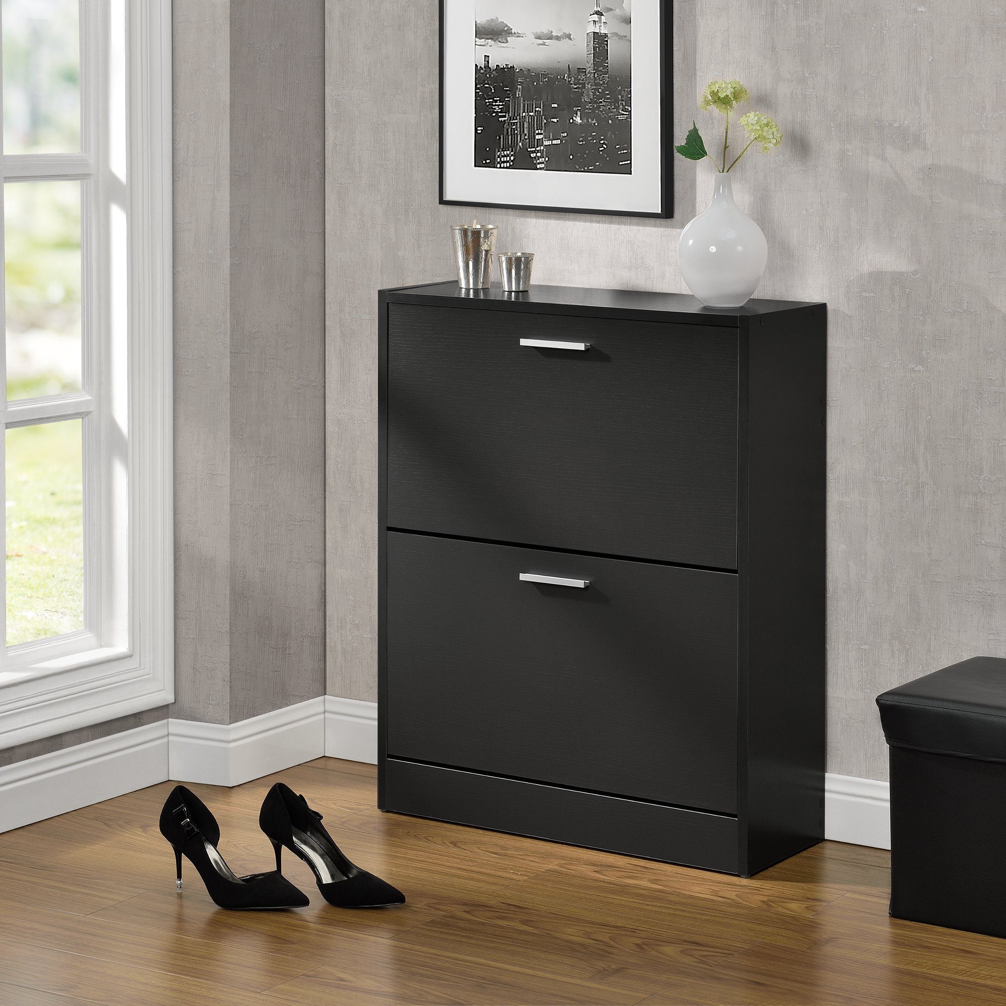 en.casa Schuhschrank »Wavre« Schuhkipper mit 2 Klappen 62x24x81cm schwarz