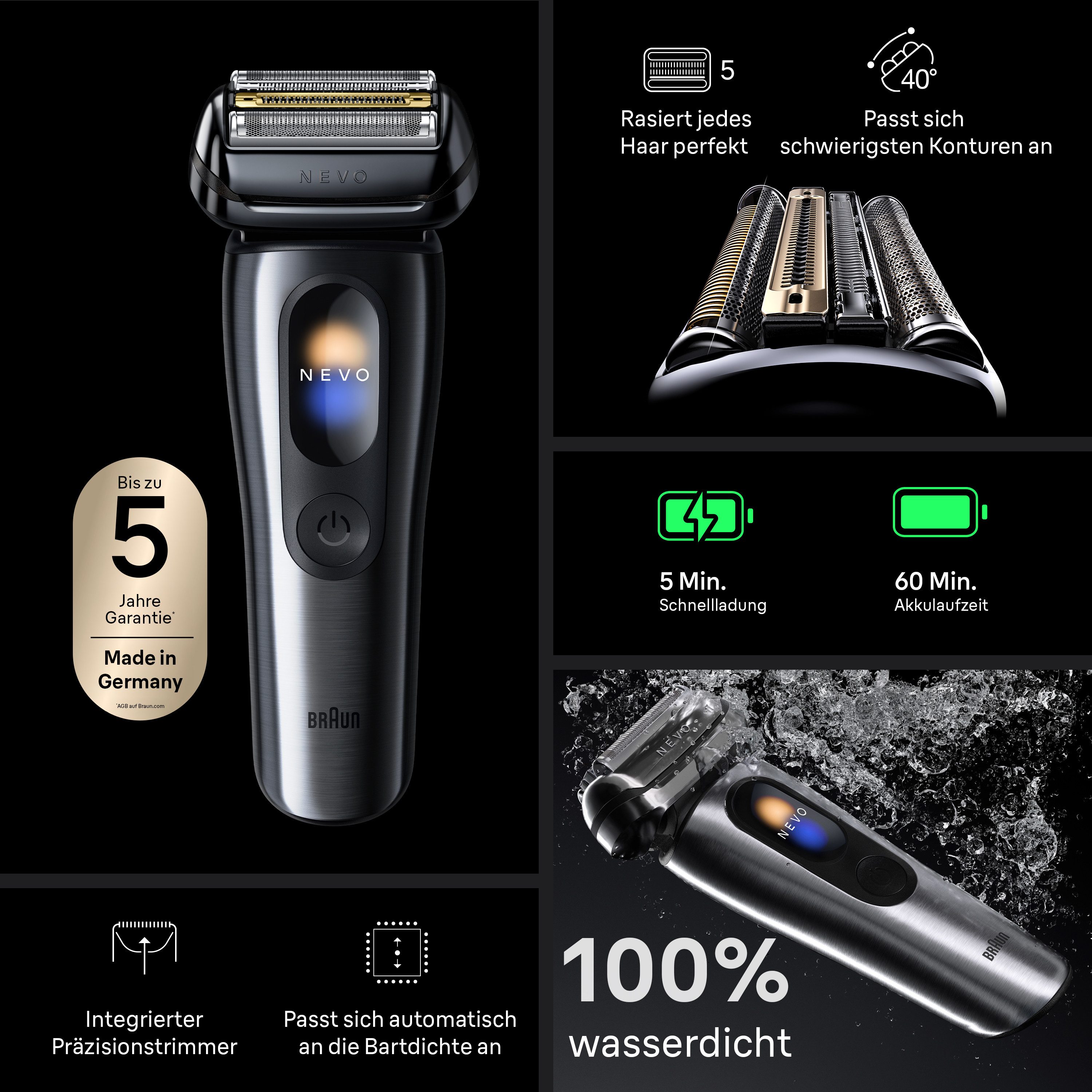 Braun Elektrorasierer NEVO 15000cc, SmartClean-Plus-Reinigungsstation, integrierter Präzisionstrimmer, AeroTouch, Smart Display, 7-in-1 Care System, Reiseetui, Silber silberfarben