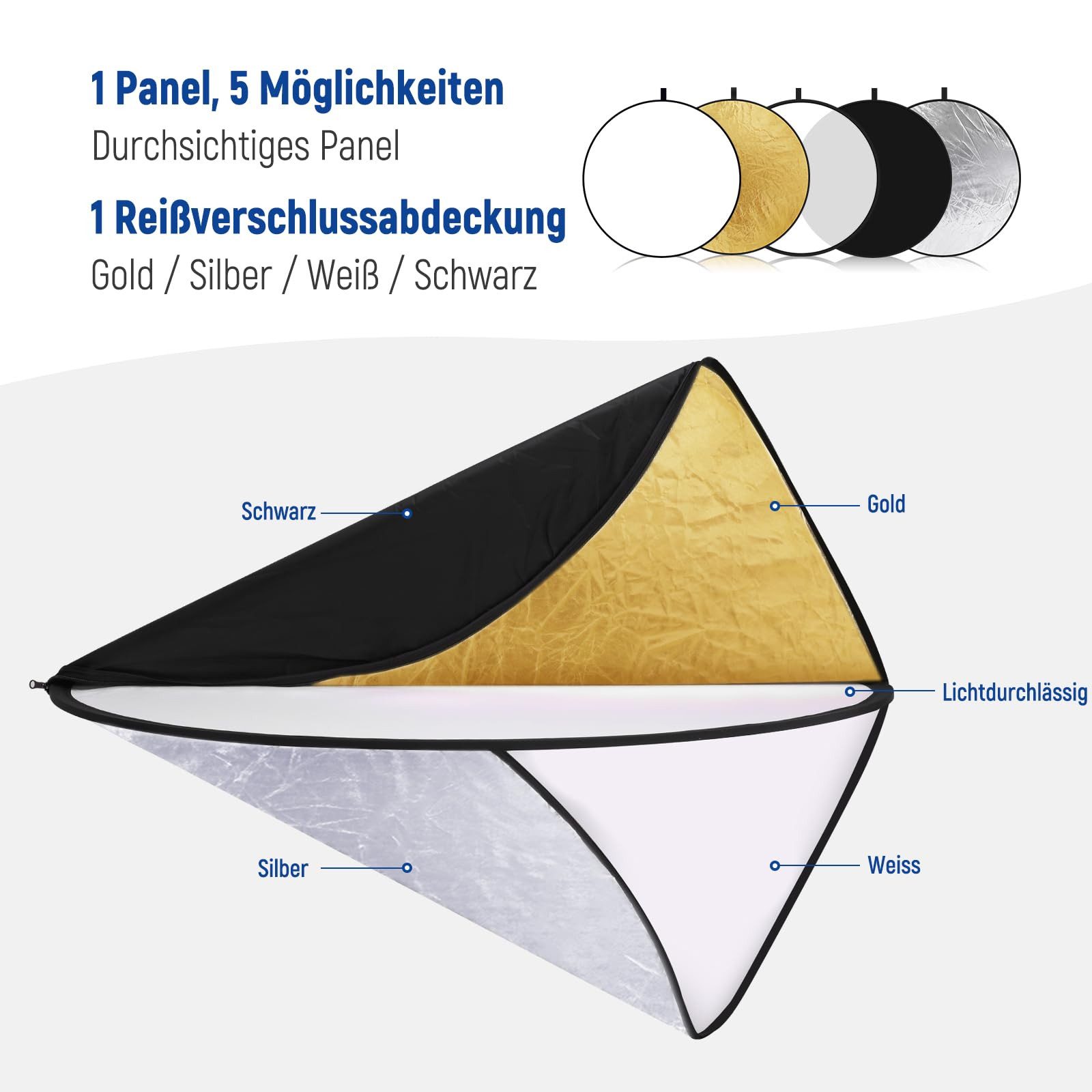 Neewer Blitzlichtreflektoren RF-110 Ø110cm Lichtreflektor Diffusor, 5 in 1, Faltbare, mit Tasche, (Packung), Fotoreflektor für Studio Fotografie Beleuchtung im Freien