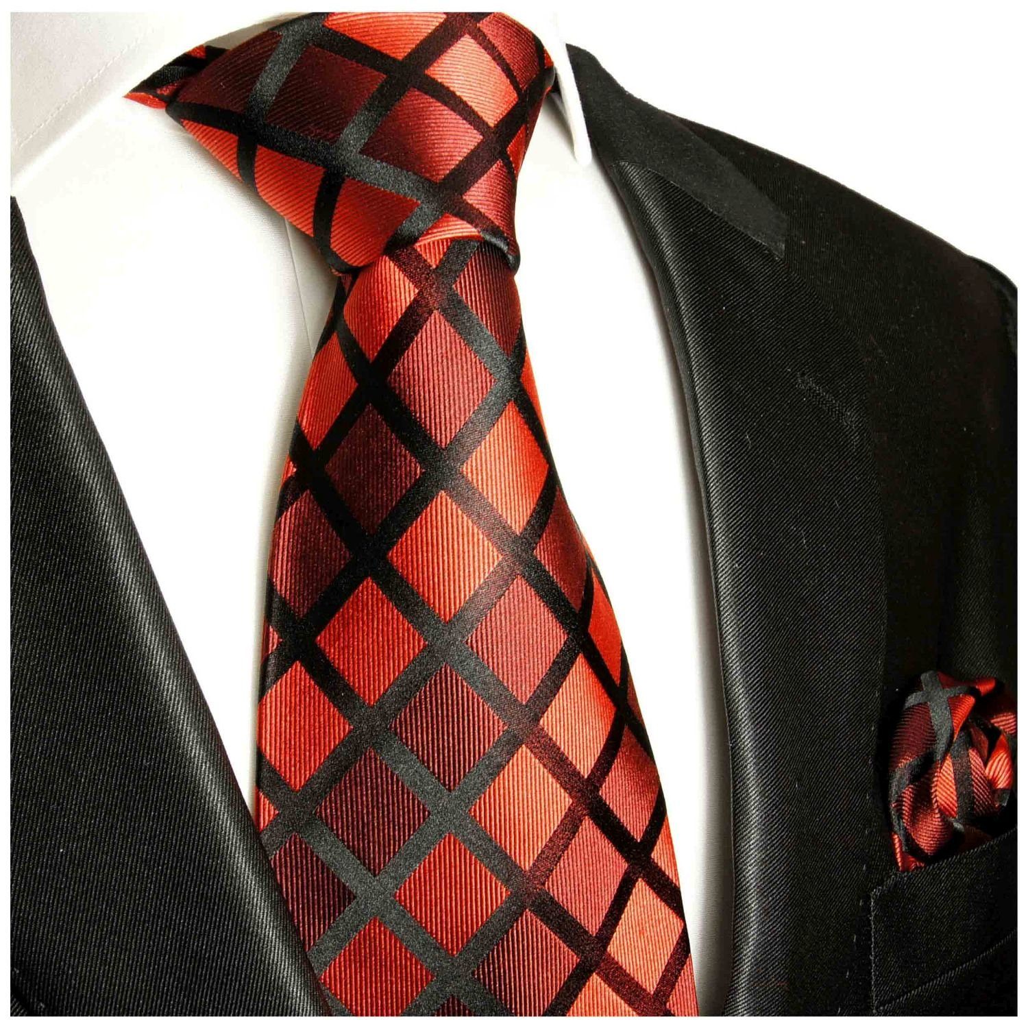 (Set, Herren 100% Malone Krawatte rot Seidenkrawatte 2-St., 481 (8cm), Krawatte Breit Paul Tuch kariert modern mit mit Seide Einstecktuch)