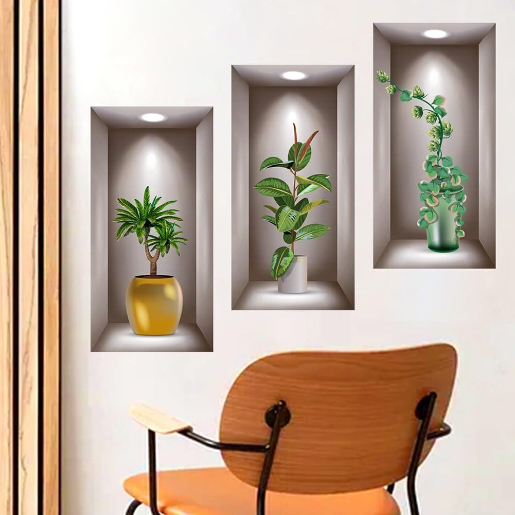 MOPUEA Wandsticker Wandsticker Pflanzen Wandtattoo 3D Vasen Wandaufkleber Wohnzimmer (Wandsticker Set mit grünen Pflanzen und Vasen Design, 3D Pflanzen Wandsticker Set für Wohnzimmer und Schlafzimmer), 3D Pflanzen Design selbstklebend wasserfest abnehmbar