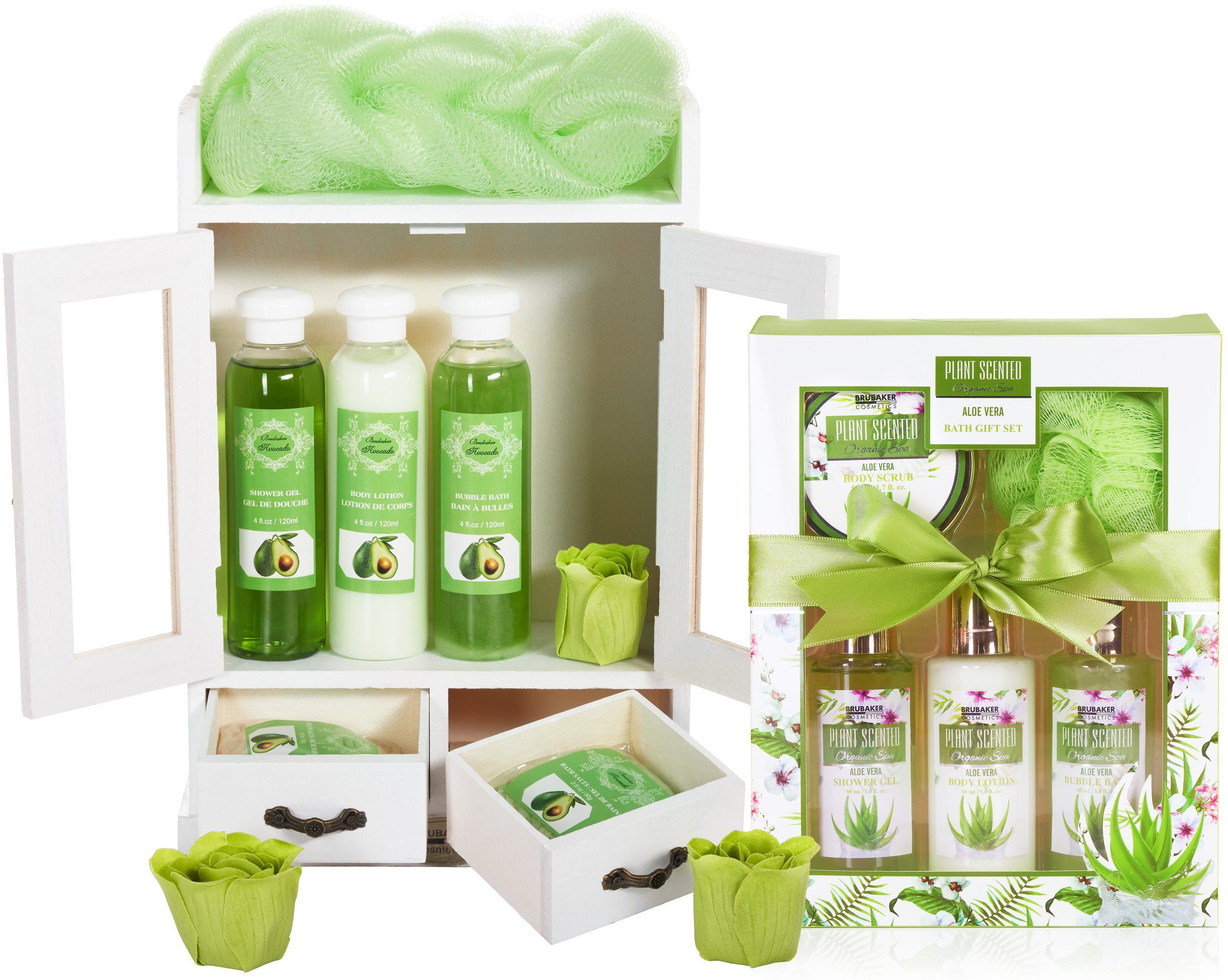 BRUBAKER Pflege-Geschenkset 2 in 1 Pflegeset Avocado & Aloe Vera - Wellness Set, 15-tlg., Damen Dusch- und Badeset - Frauen Beauty Geschenkset mit Dekoration
