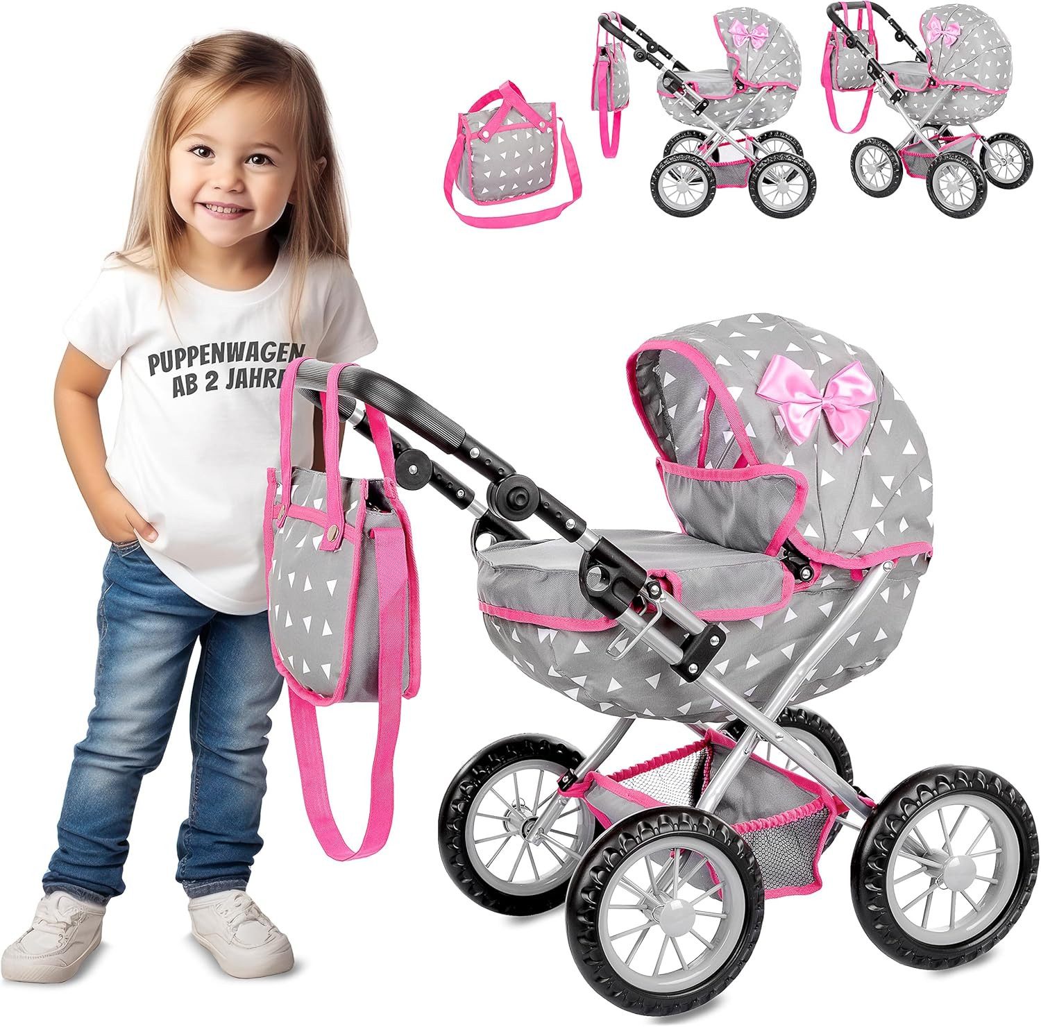 kinderplay Puppenwagen Puppenwagen mit Tasche – höhenverstellbar – Spielspaß ab 3 Jahren – fa