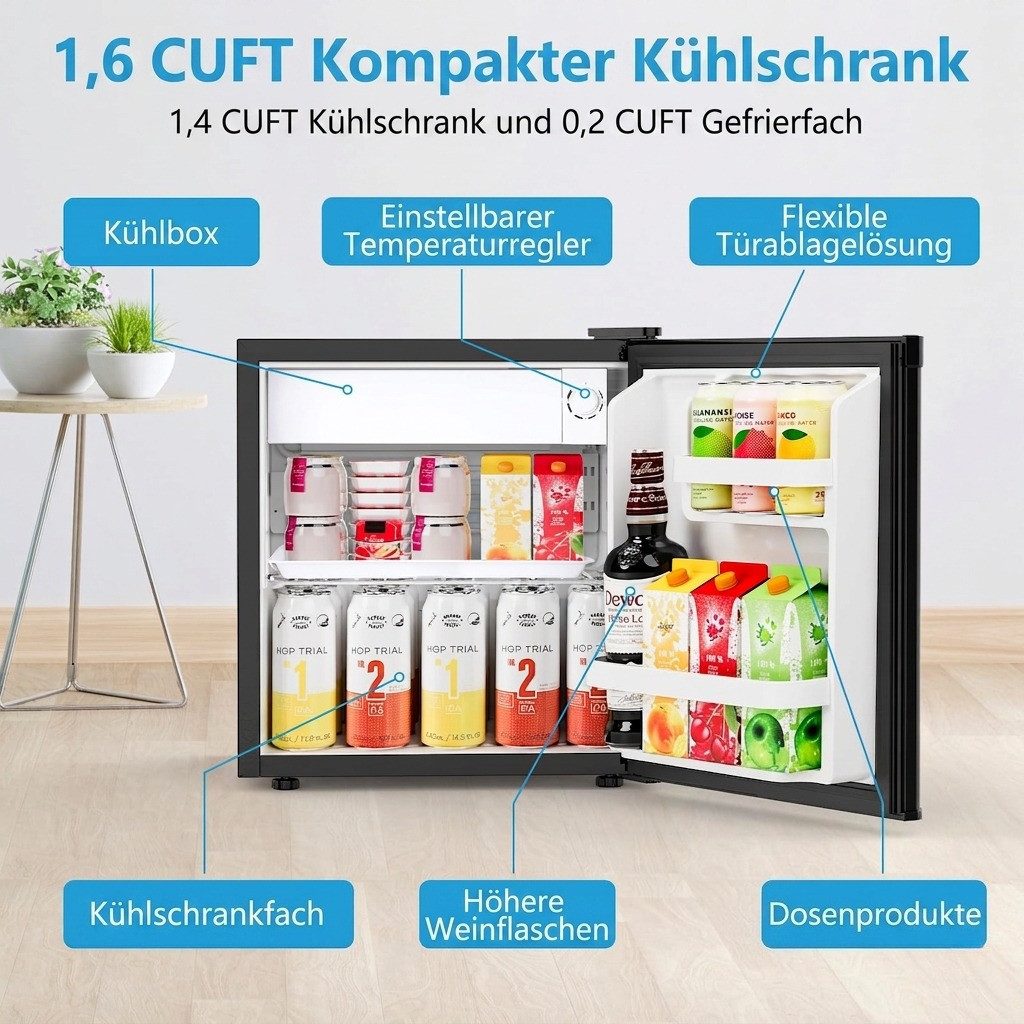 Kismile Kühlschrank 45L Mini-Kühlschrank mit Gefrierfach, kleiner Kühlschrank mit wechselbarem Türanschlag BC-46, regelbarer Thermostat, ultra leise & energiesparend