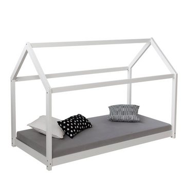 Homestyle4u Kinderbett Kinderbett mit Matratze 90 x 200 cm Weiß Grau Bettkasten