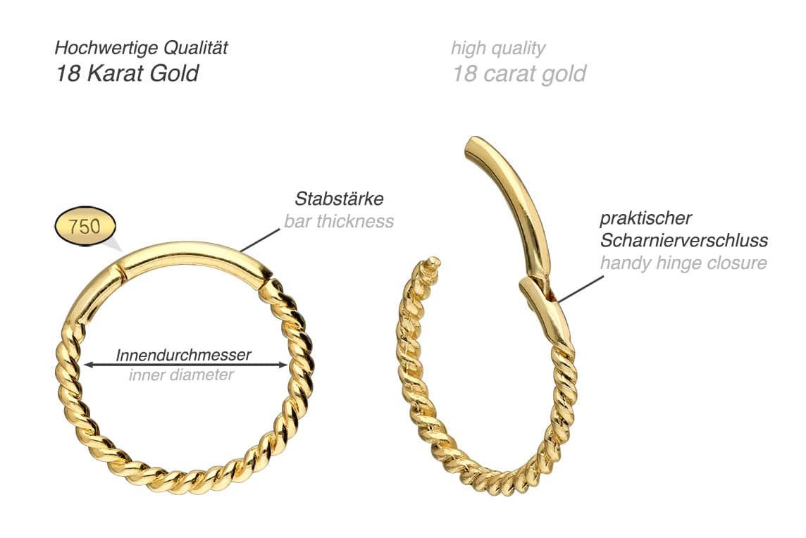 PIERCINGLINE Nasenpiercing 18 Karat Gold Segmentring Clicker GEDREHT Ohrpiercing Septum Nase (Clicker, 1-tlg), Ohrpiercing für Conch, Helix, Tragus, Daith, Lobe