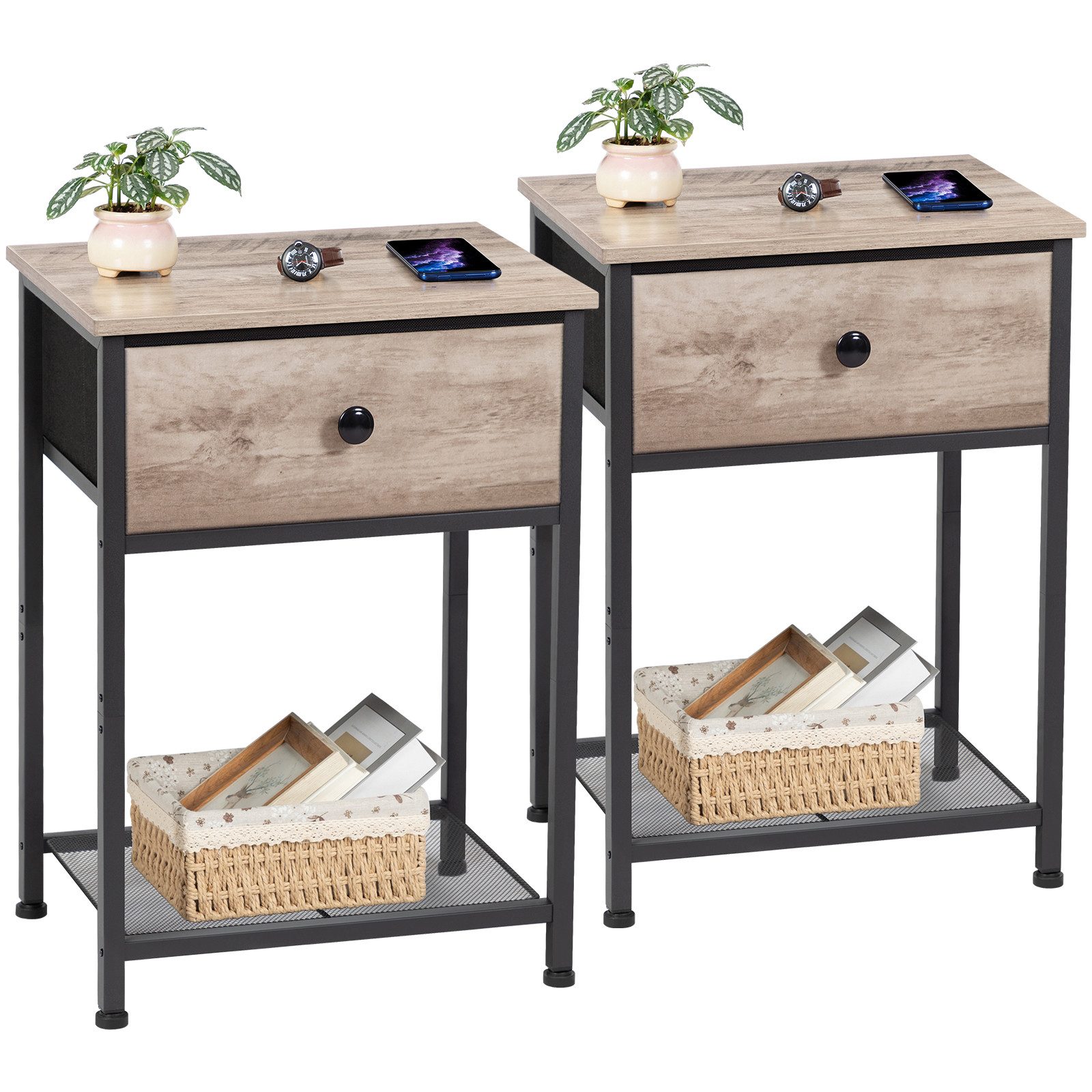 AMHANCIBLE Nachttisch 2er-Set im Industriestil, mit Schublade und offenem Ablagefach (2-St), Beistelltisch mit stabilem Metallrahmen, Maße 40×30×55 cm