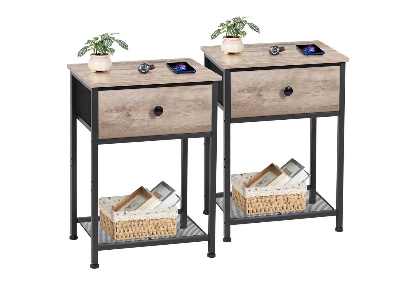 AMHANCIBLE Nachttisch 2er-Set im Industriestil, mit Schublade und offenem Ablagefach (2-St), Beistelltisch mit stabilem Metallrahmen, Maße 40×30×55 cm