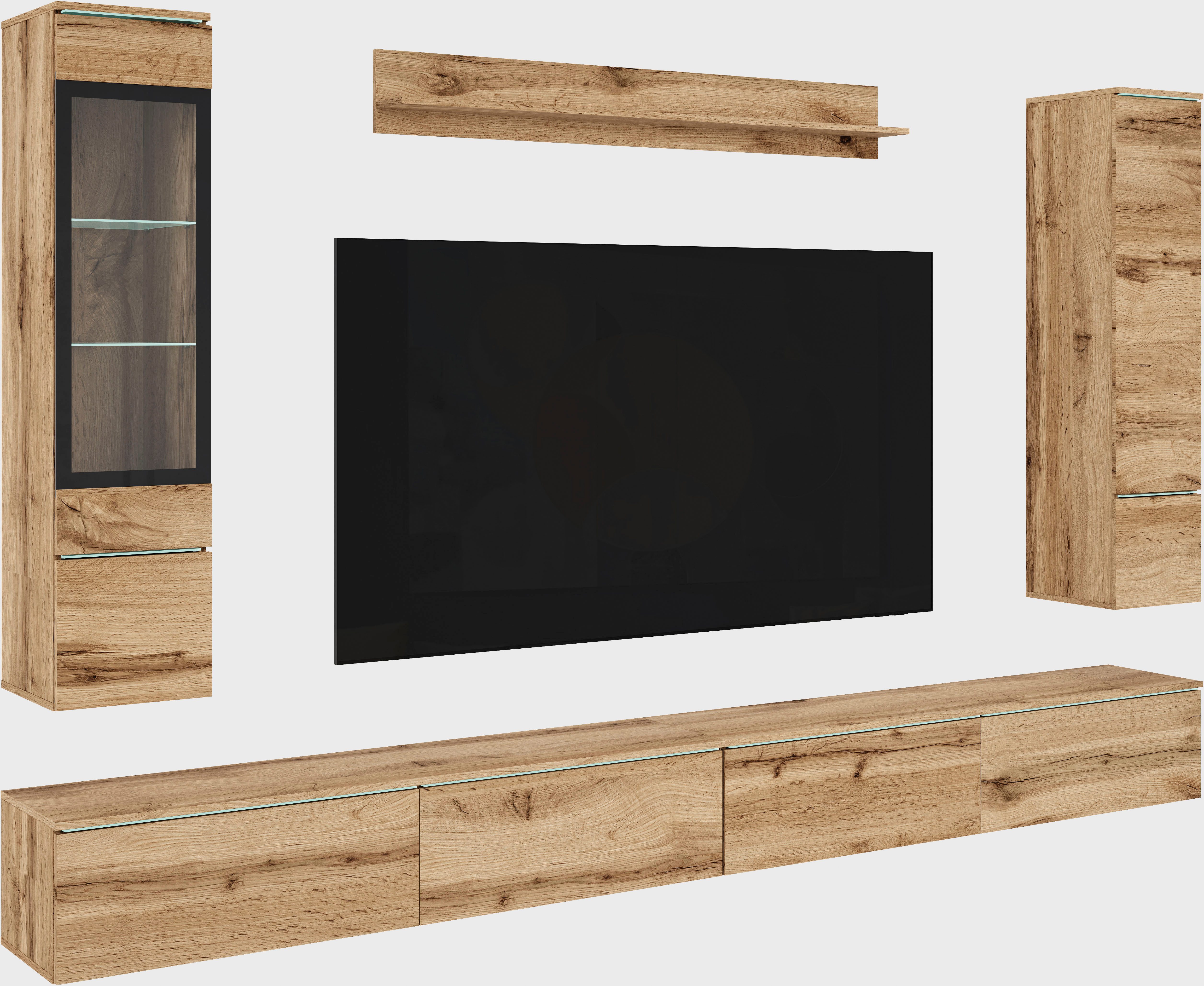 Home affaire Wohnwand Vera, Breite 300 cm, (Komplett-Set, 5-St), Mit LED, Glasvitrine, grifflose Fronten