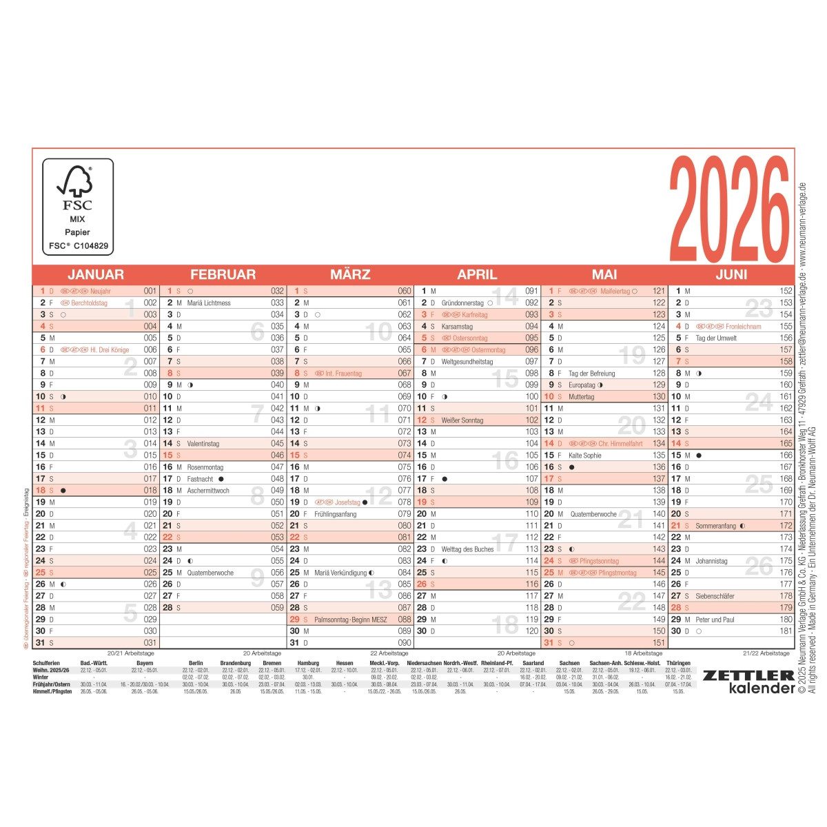 ZETTLER Планировщик Arbeitstagekalender 900 A6 14,8x10,5cm 2026
